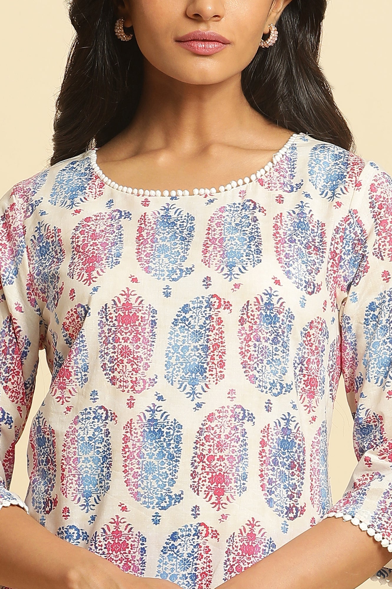 W for Woman Ecru Straight Kurta in Bright Multi-coloured Prints