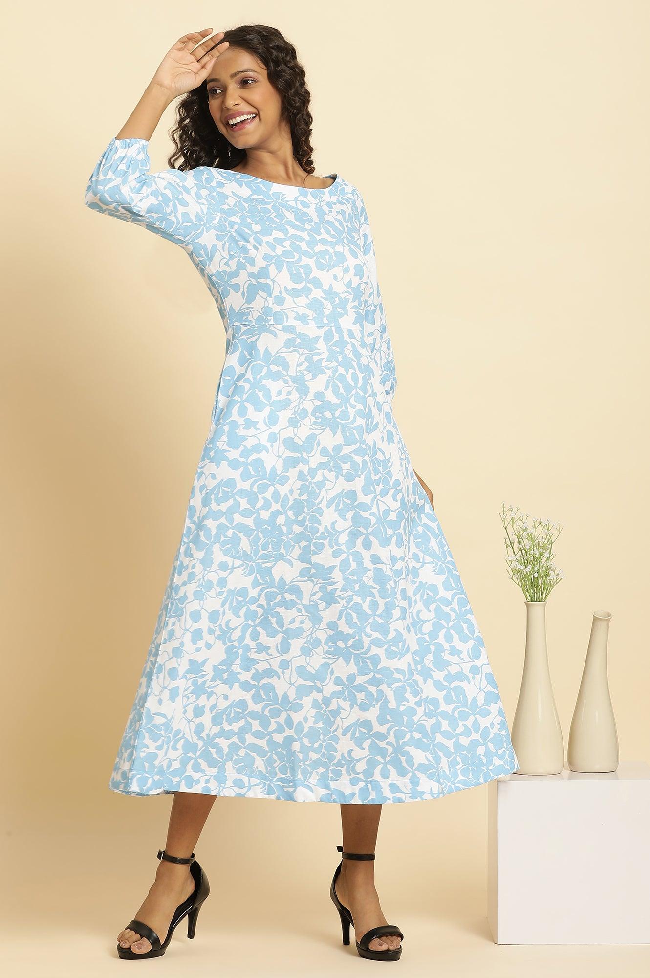 W for Woman White And Blue Floral Printed Flared Long Dress  Grab2Buy WforWoman Grab2Buy