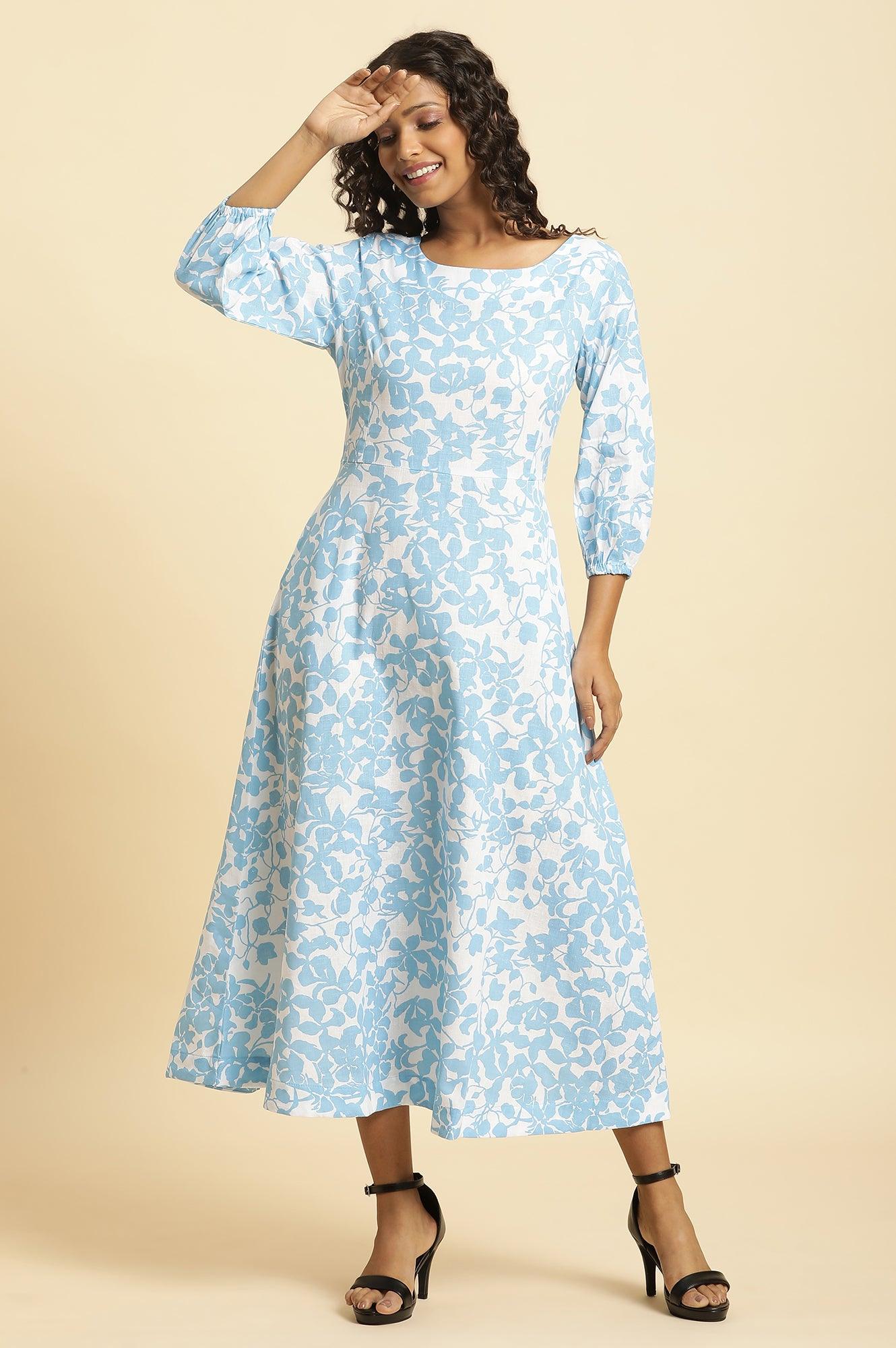 W for Woman White And Blue Floral Printed Flared Long Dress  Grab2Buy WforWoman Grab2Buy