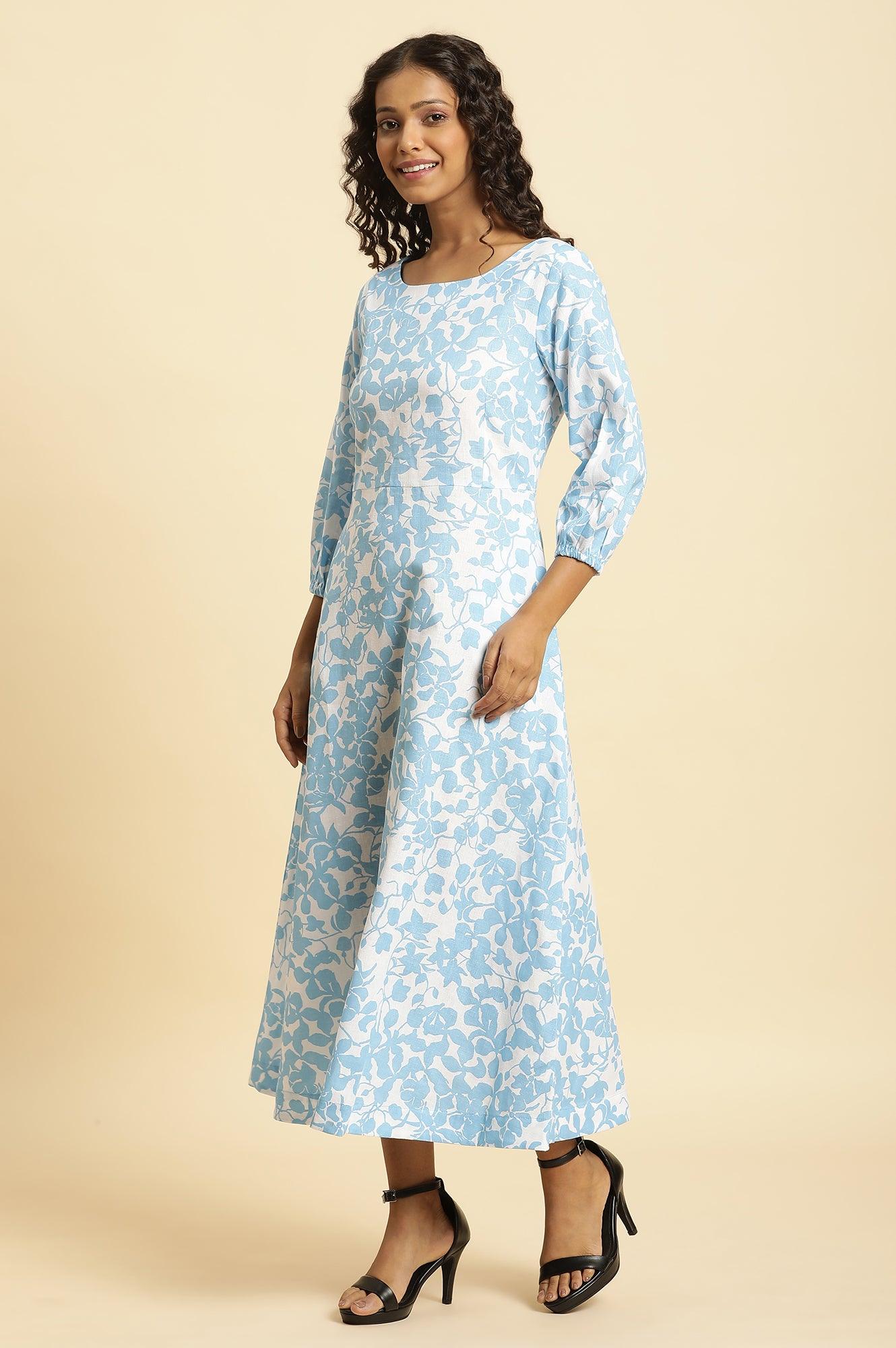 W for Woman White And Blue Floral Printed Flared Long Dress  Grab2Buy WforWoman Grab2Buy