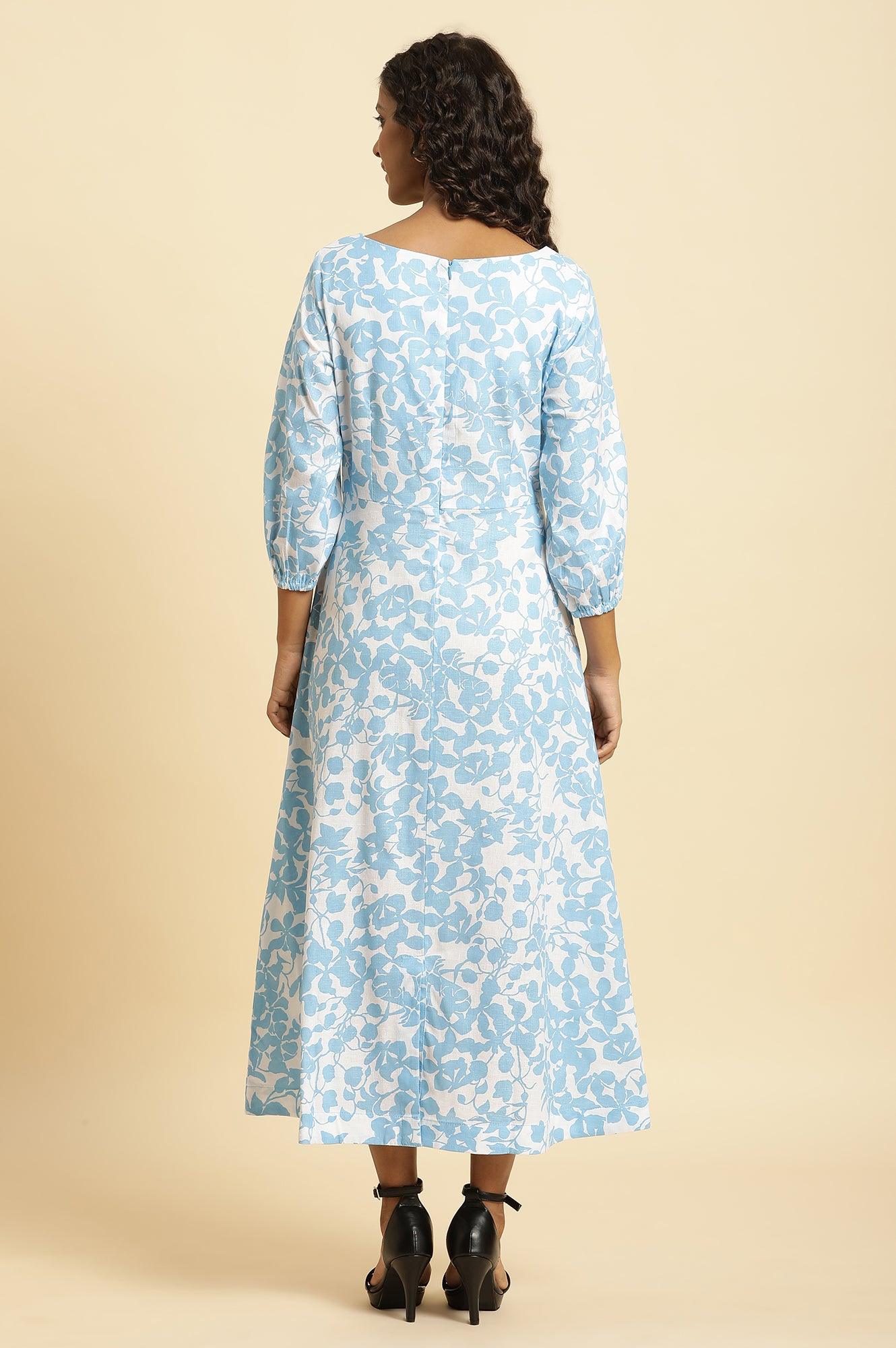W for Woman White And Blue Floral Printed Flared Long Dress  Grab2Buy WforWoman Grab2Buy