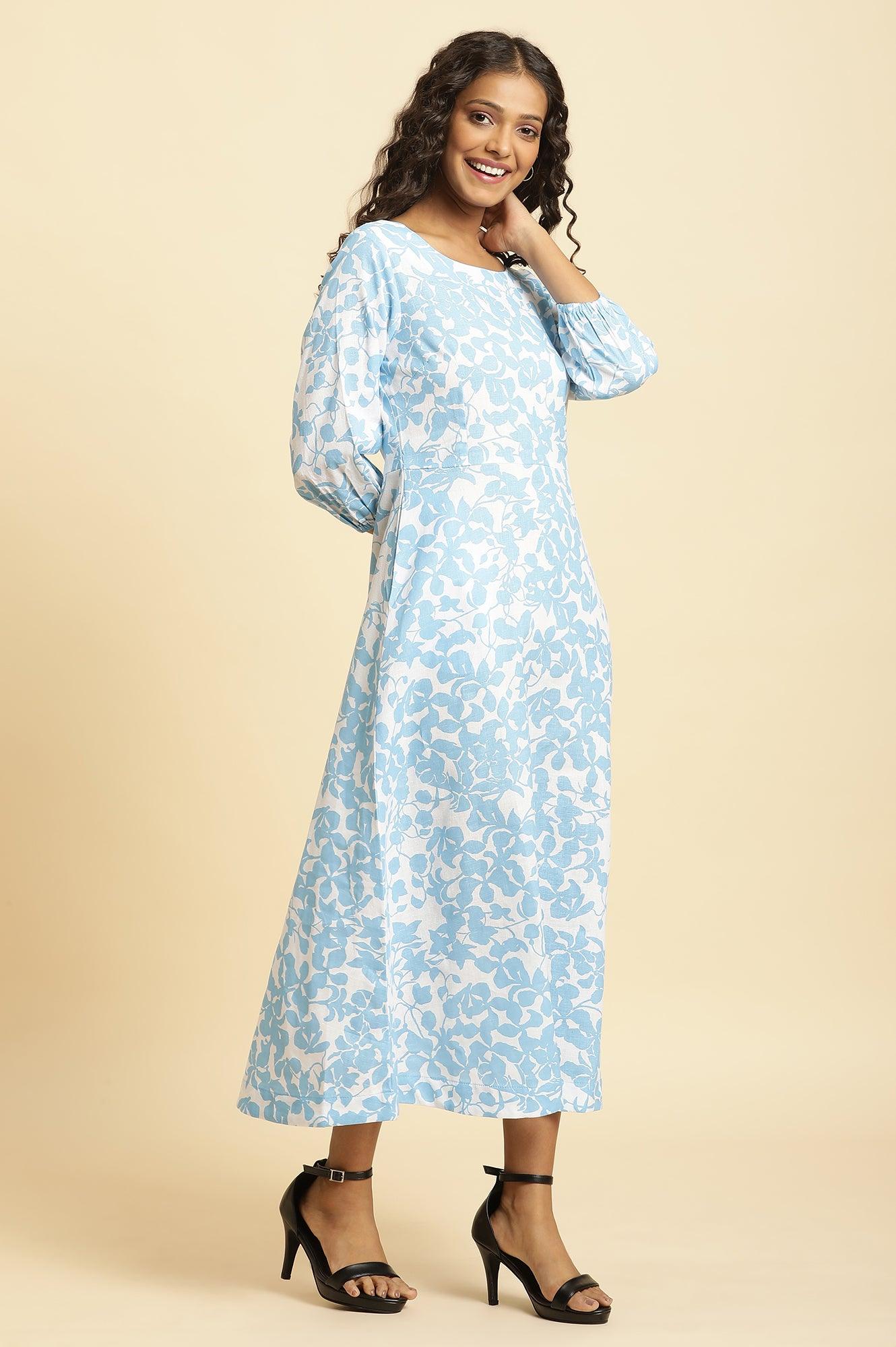 W for Woman White And Blue Floral Printed Flared Long Dress  Grab2Buy WforWoman Grab2Buy