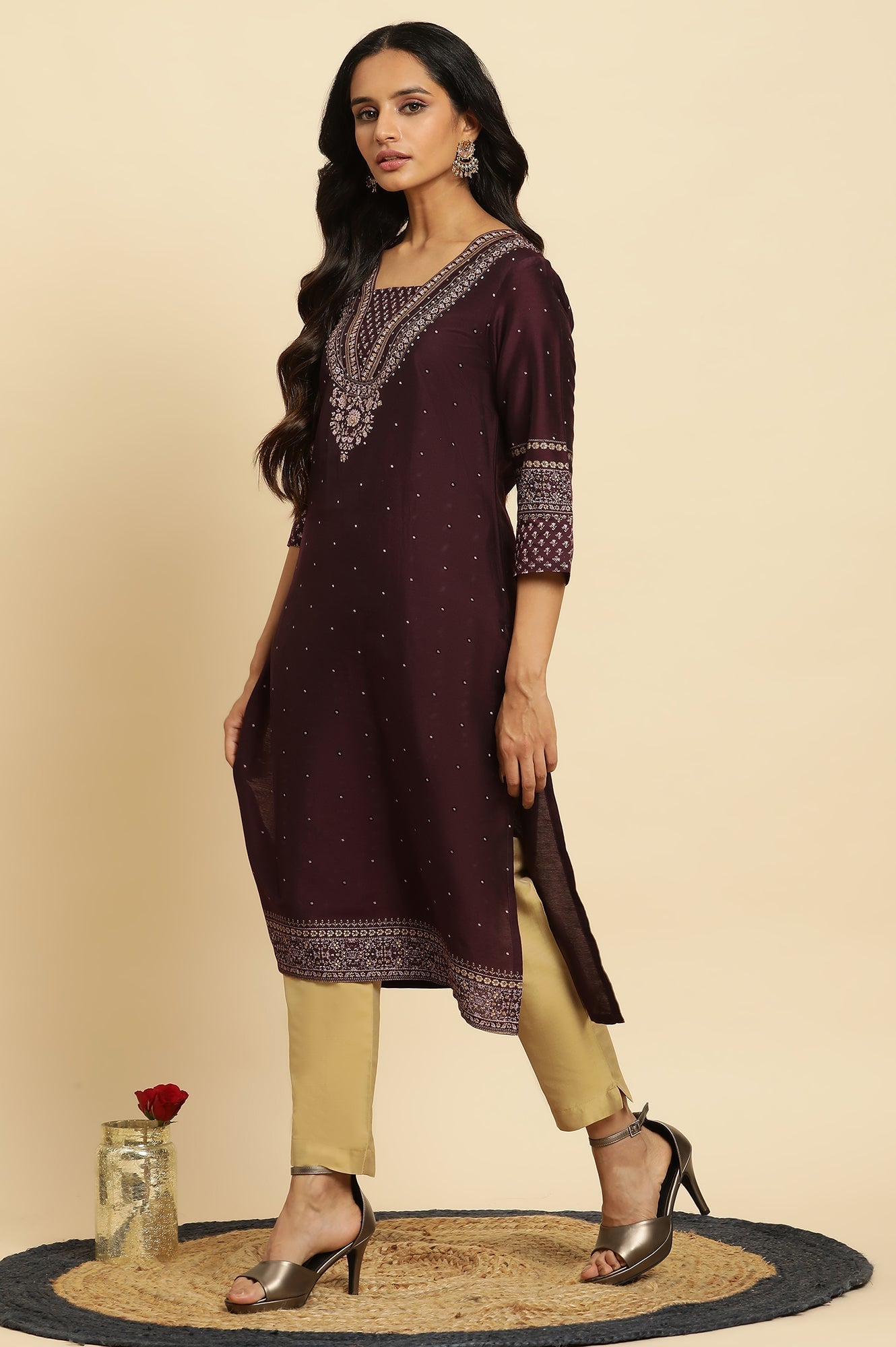 W for Woman Purple Embellished Straight Festive Kurta
