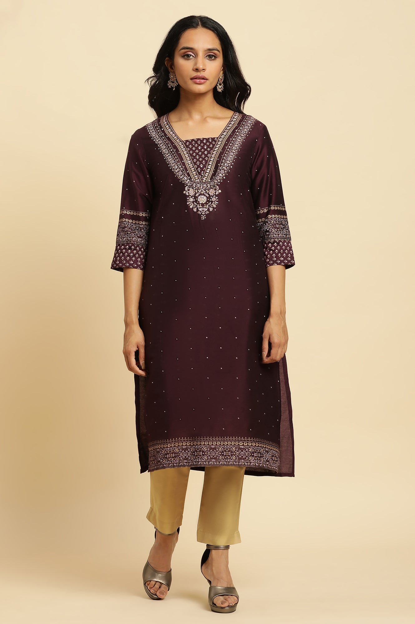 W for Woman Purple Embellished Straight Festive Kurta