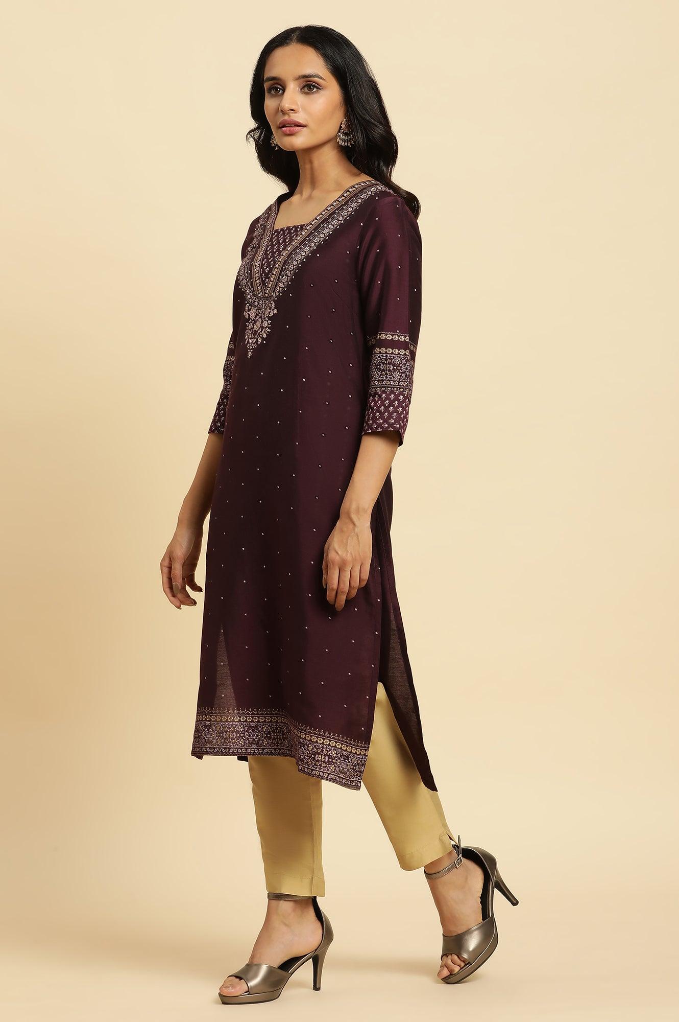 W for Woman Purple Embellished Straight Festive Kurta