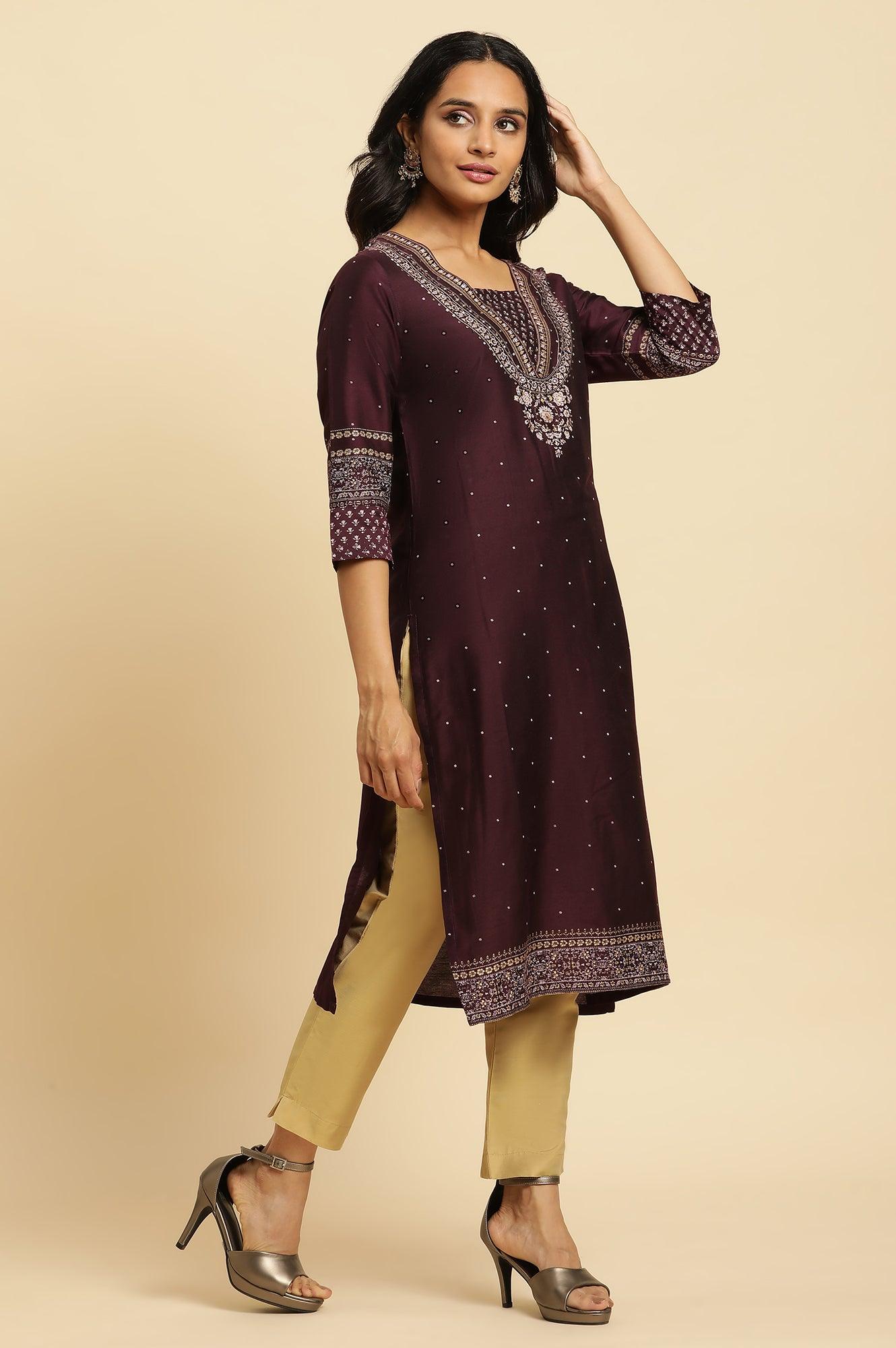 W for Woman Purple Embellished Straight Festive Kurta