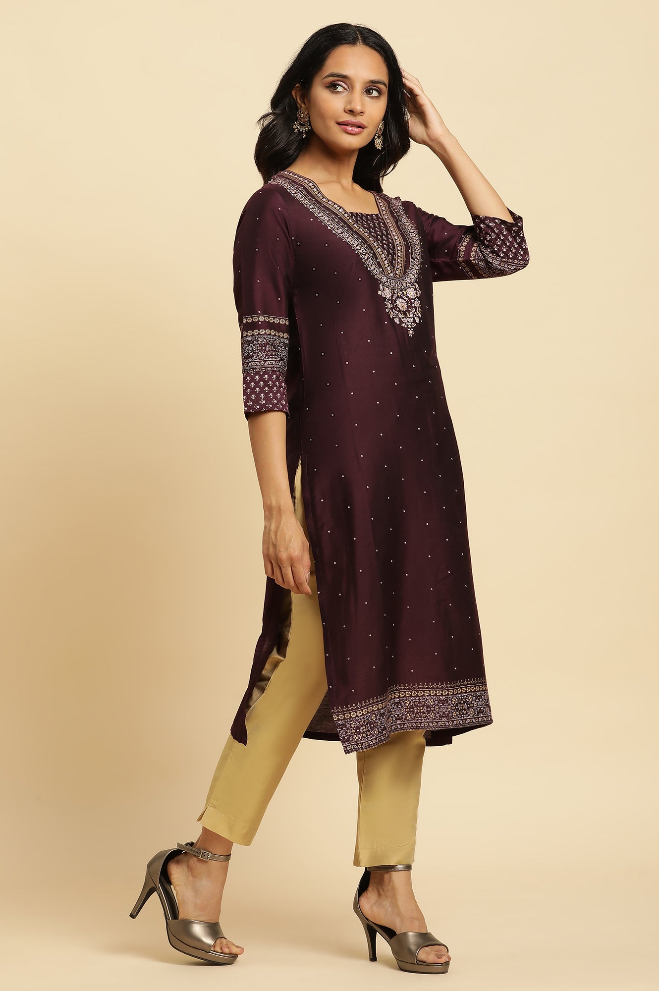 W for Woman Purple Embellished Straight Festive Kurta