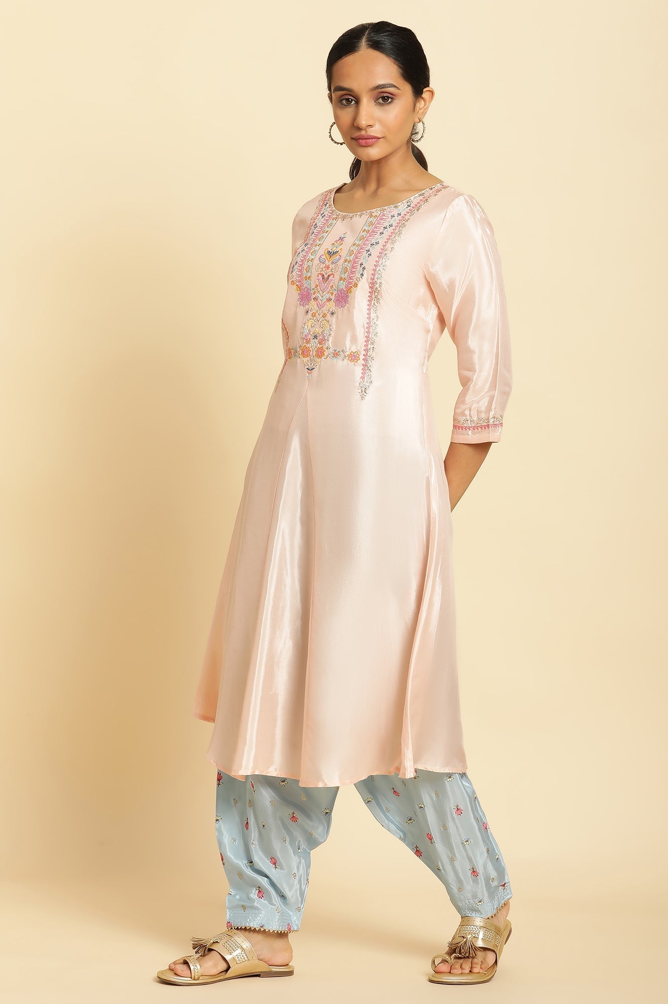W for Woman Peach Embroidered Flared Kurta