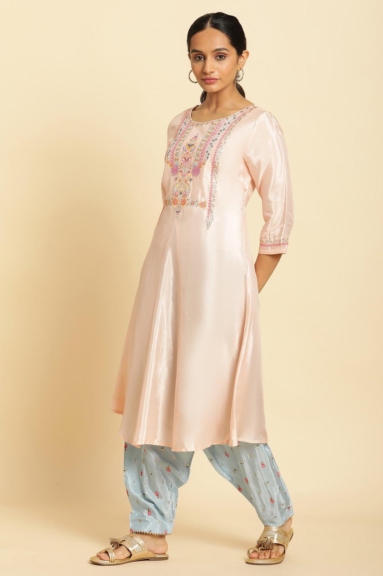 W for Woman Peach Embroidered Flared Kurta