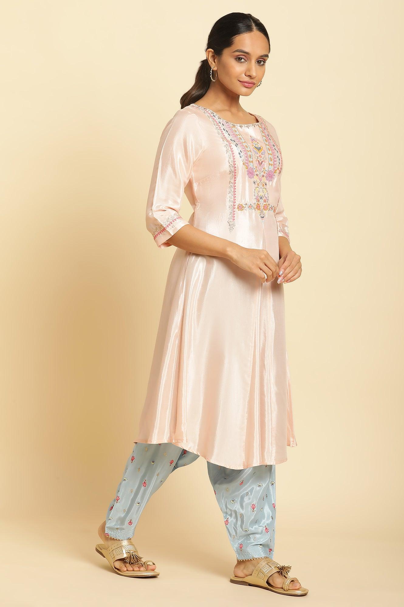 W for Woman Peach Embroidered Flared Kurta