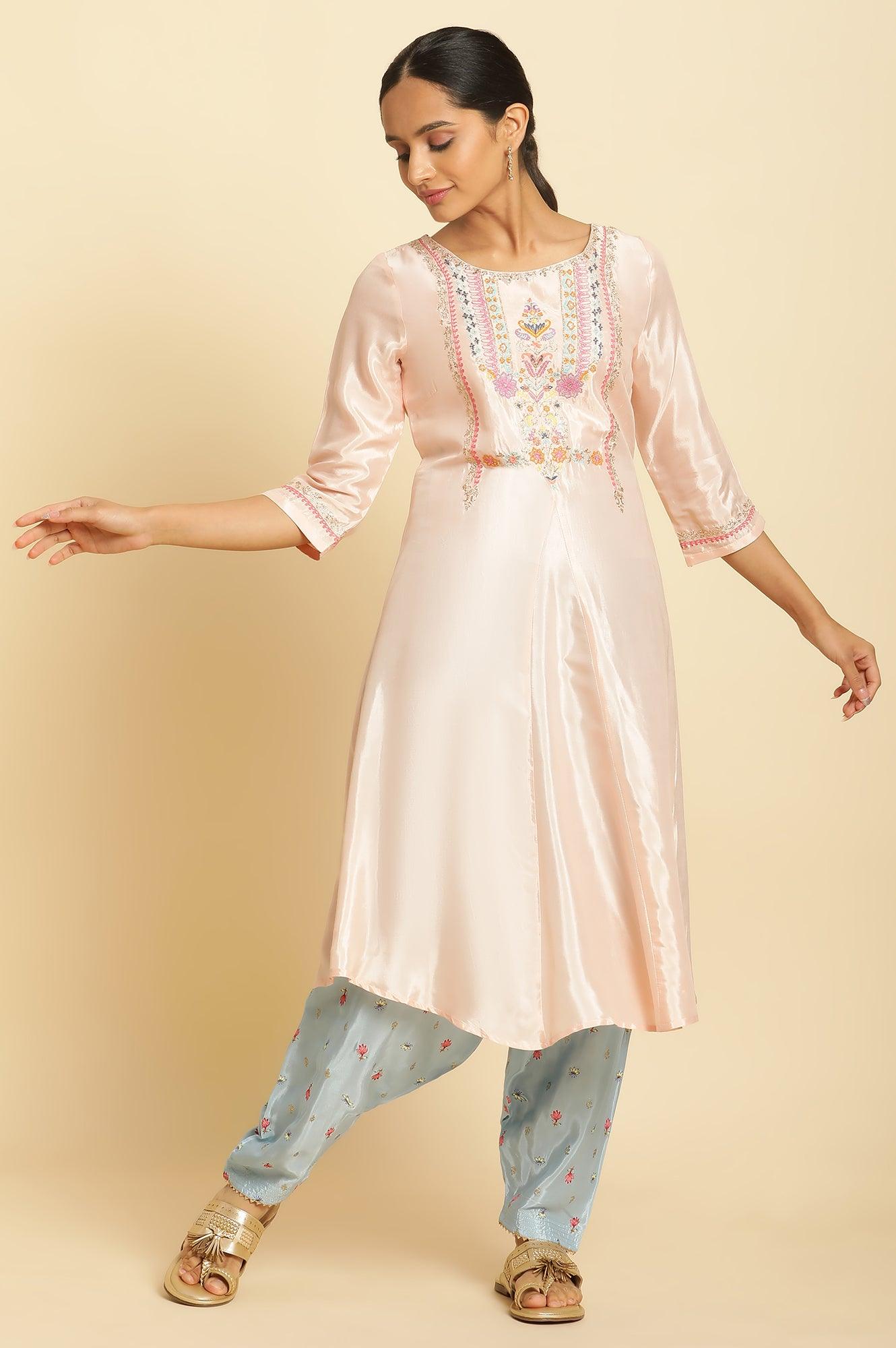 W for Woman Peach Embroidered Flared Kurta