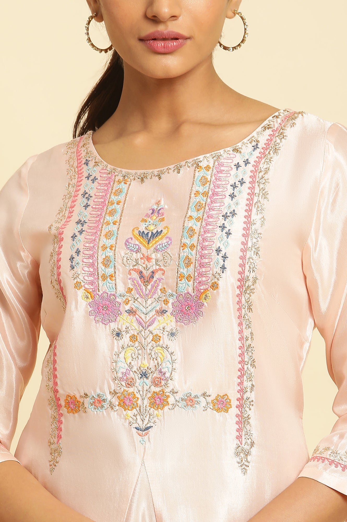 W for Woman Peach Embroidered Flared Kurta