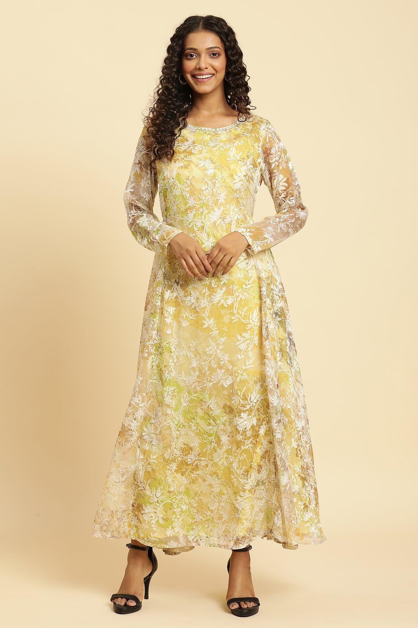 W for Woman Yellow Self-Designed Flared Dress  Grab2Buy WforWoman Grab2Buy