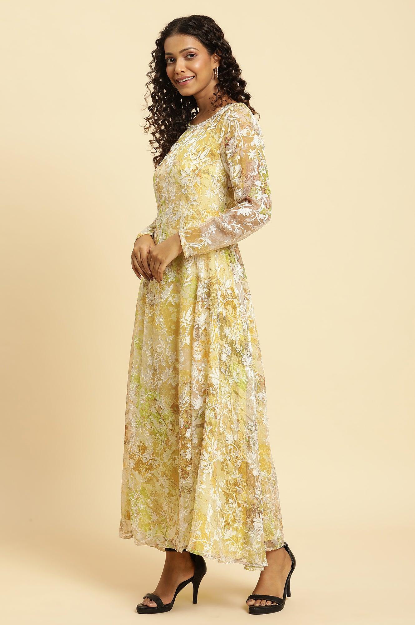 W for Woman Yellow Self-Designed Flared Dress  Grab2Buy WforWoman Grab2Buy