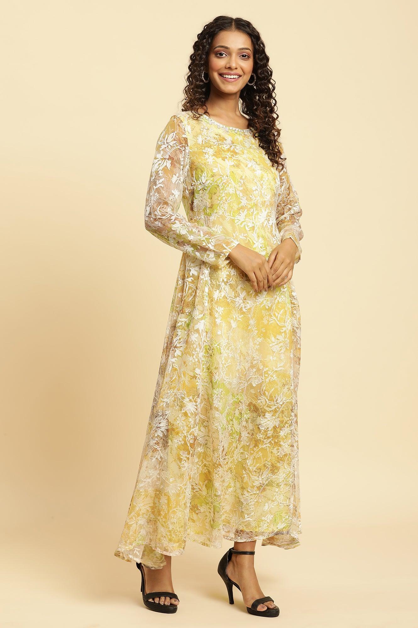 W for Woman Yellow Self-Designed Flared Dress  Grab2Buy WforWoman Grab2Buy