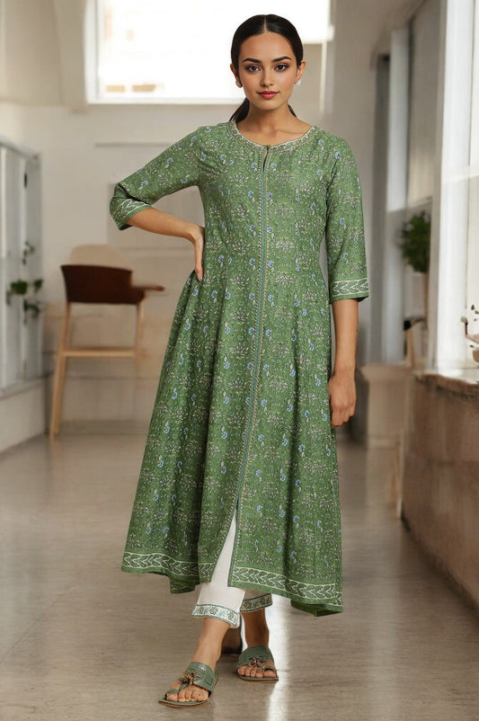 W for Woman Forest Green Printed Panelled Kurta