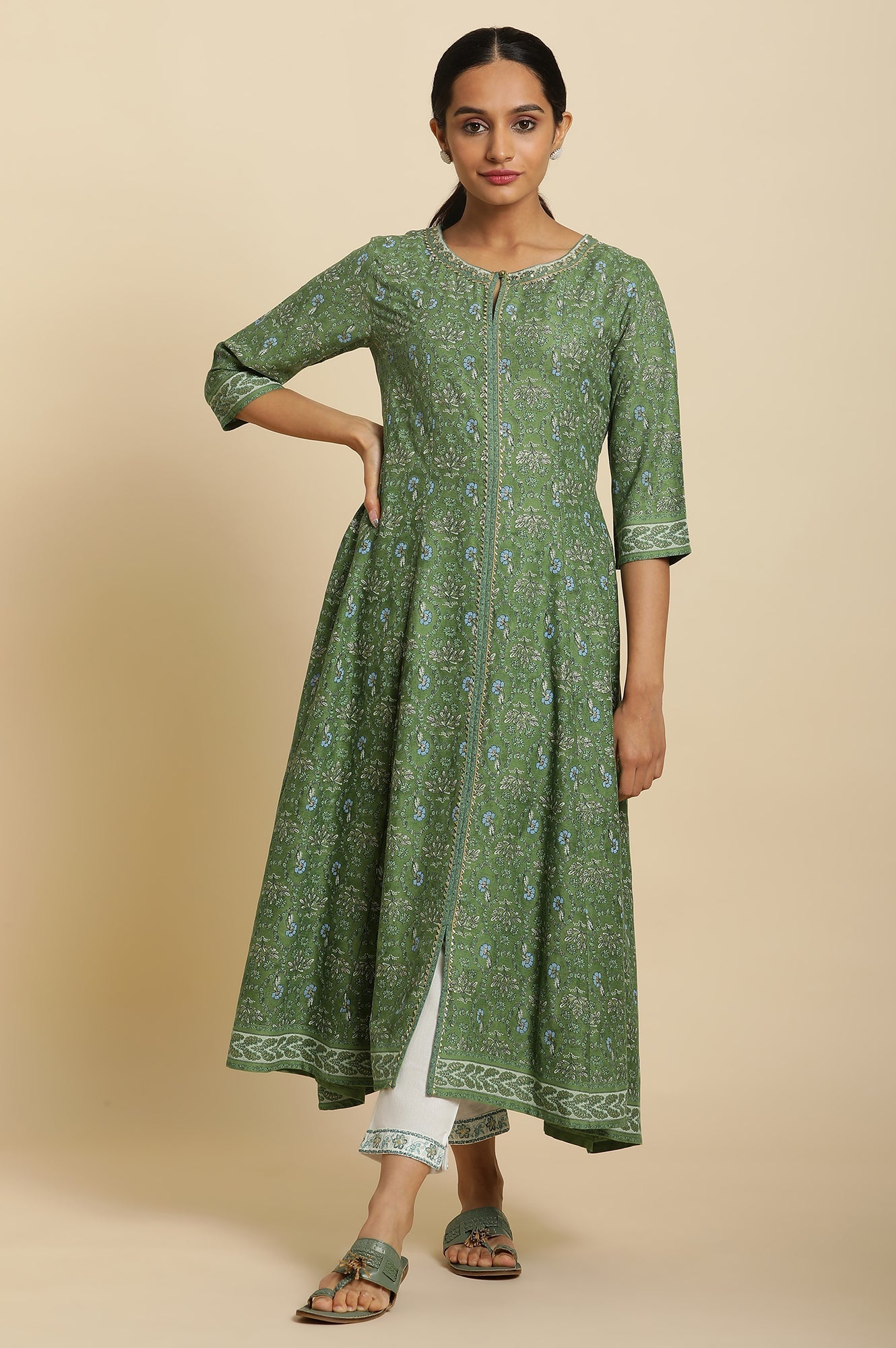 W for Woman Forest Green Printed Panelled Kurta