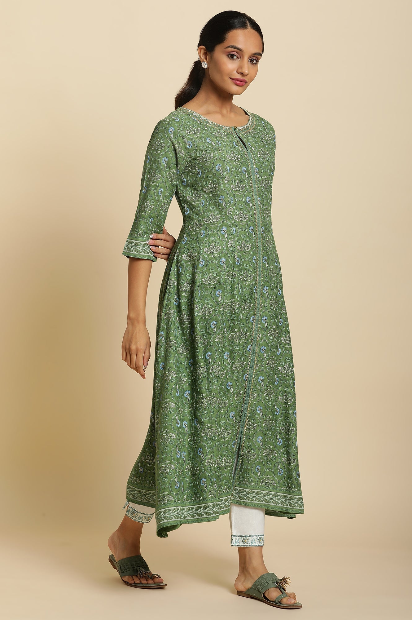 W for Woman Forest Green Printed Panelled Kurta