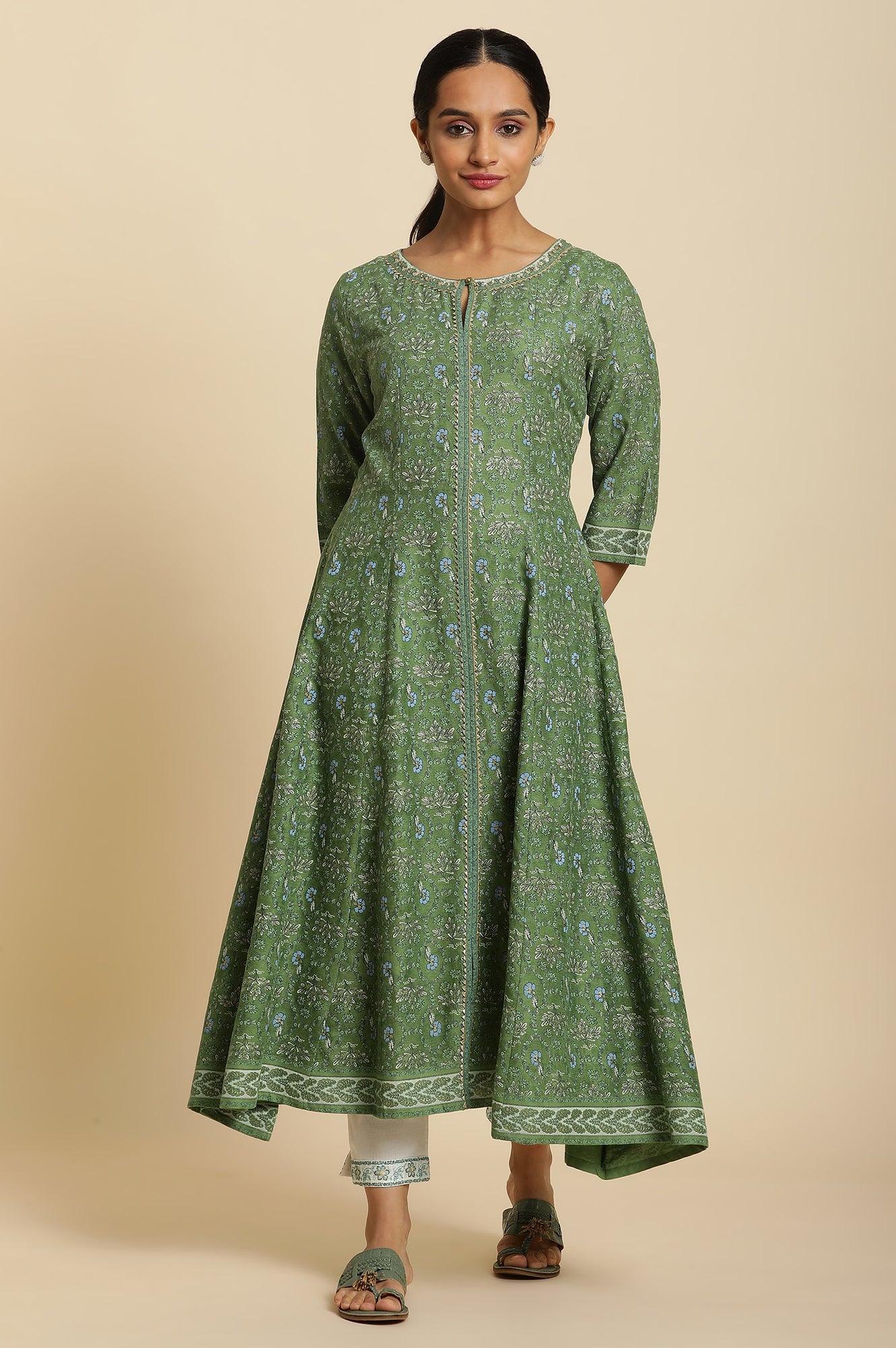 W for Woman Forest Green Printed Panelled Kurta