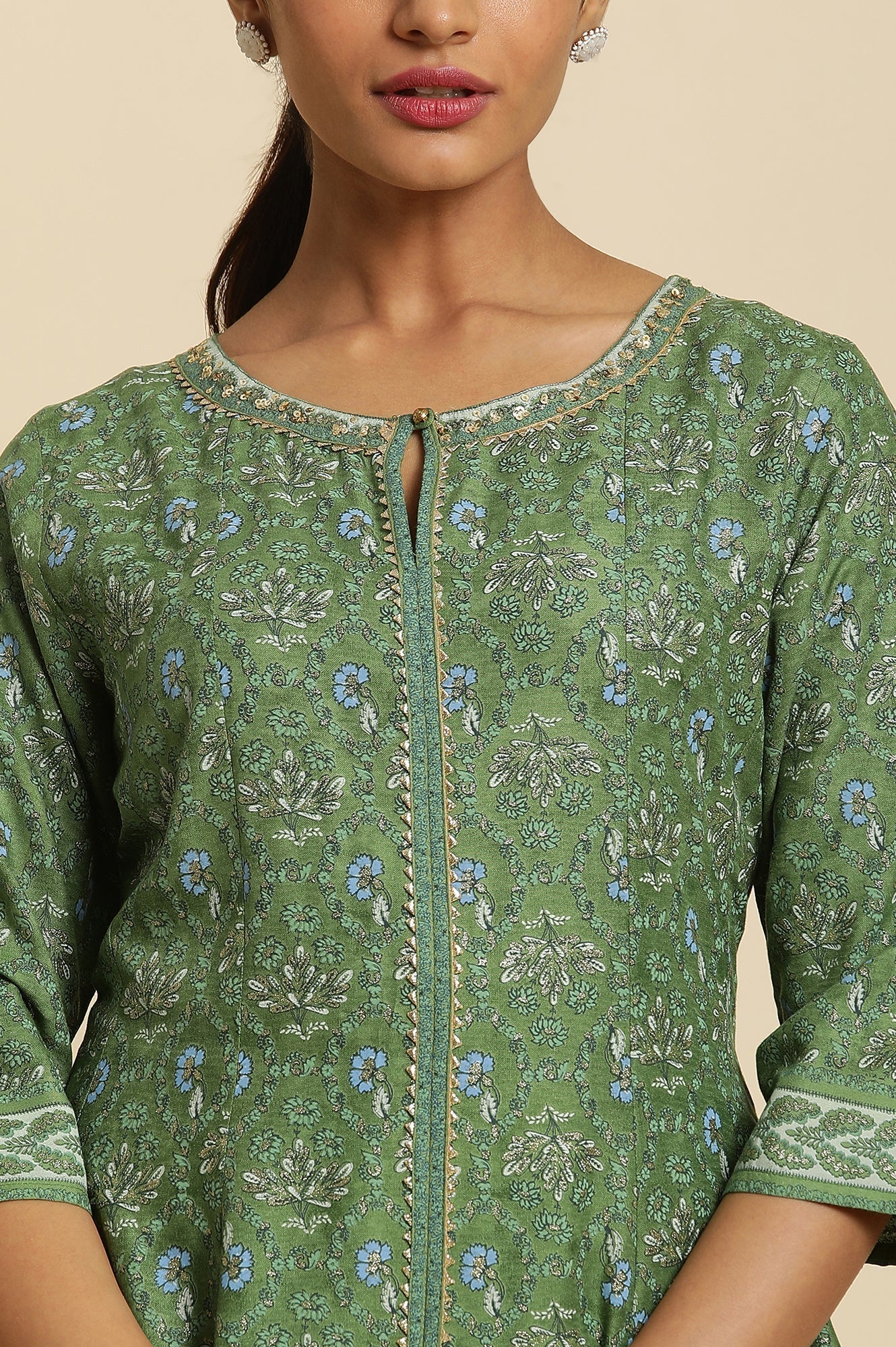 W for Woman Forest Green Printed Panelled Kurta