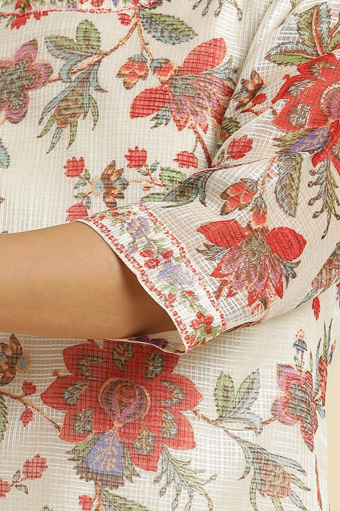 W for Woman Ecru Kota Kurta With Multi-Coloured Floral Print