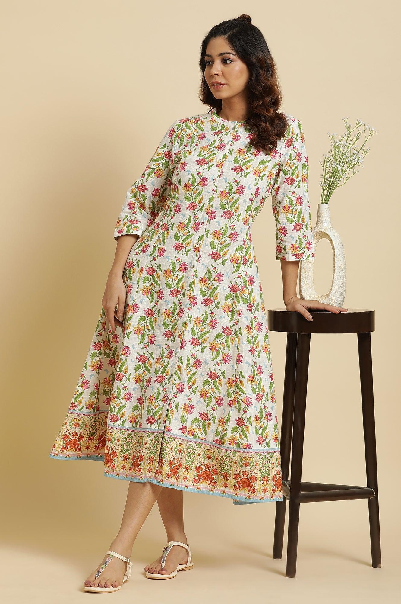 W for Woman White Flared Dress In Multi-Coloured Floral Print  Grab2Buy WforWoman Grab2Buy