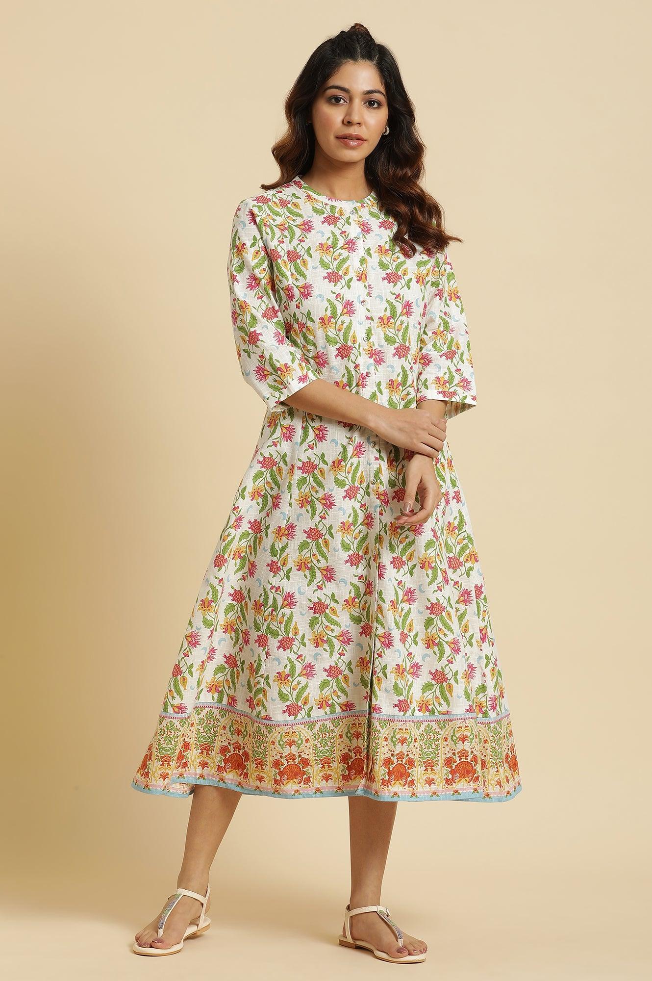 W for Woman White Flared Dress In Multi-Coloured Floral Print  Grab2Buy WforWoman Grab2Buy