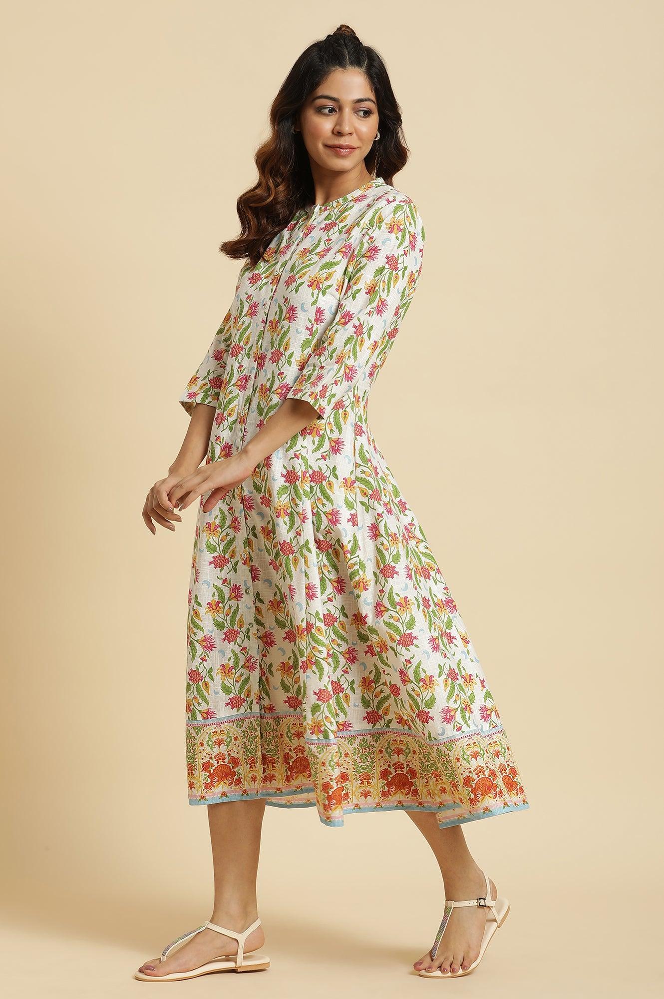 W for Woman White Flared Dress In Multi-Coloured Floral Print  Grab2Buy WforWoman Grab2Buy