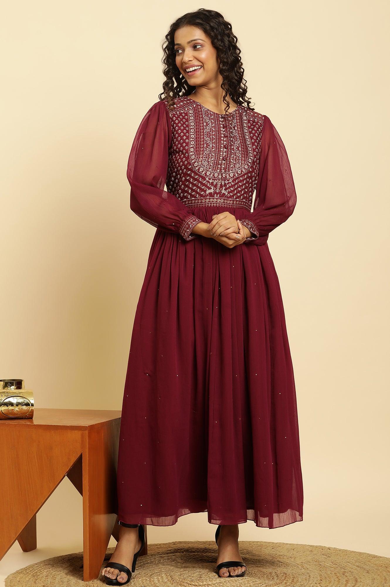 W for Woman Wine Heavily Embroidered Festive Dress  Grab2Buy WforWoman Grab2Buy