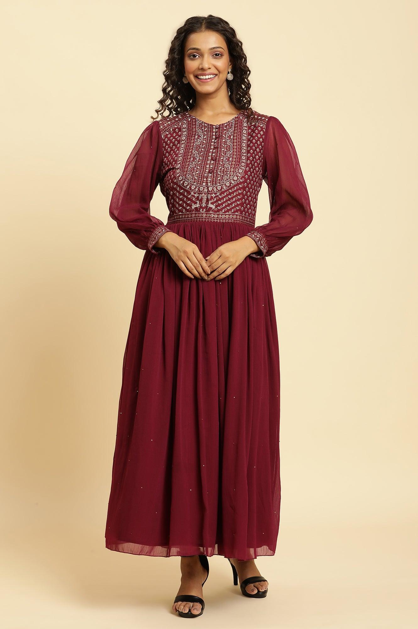 W for Woman Wine Heavily Embroidered Festive Dress  Grab2Buy WforWoman Grab2Buy