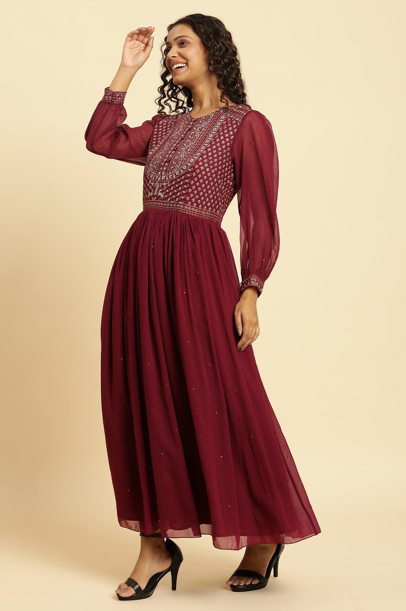 W for Woman Wine Heavily Embroidered Festive Dress  Grab2Buy WforWoman Grab2Buy