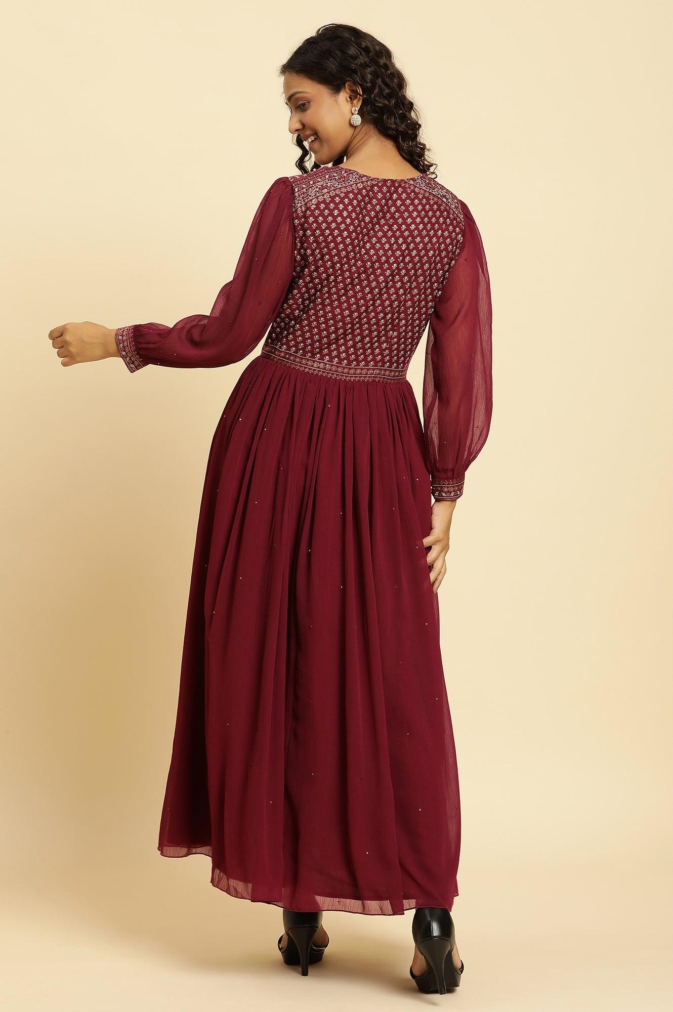 W for Woman Wine Heavily Embroidered Festive Dress  Grab2Buy WforWoman Grab2Buy