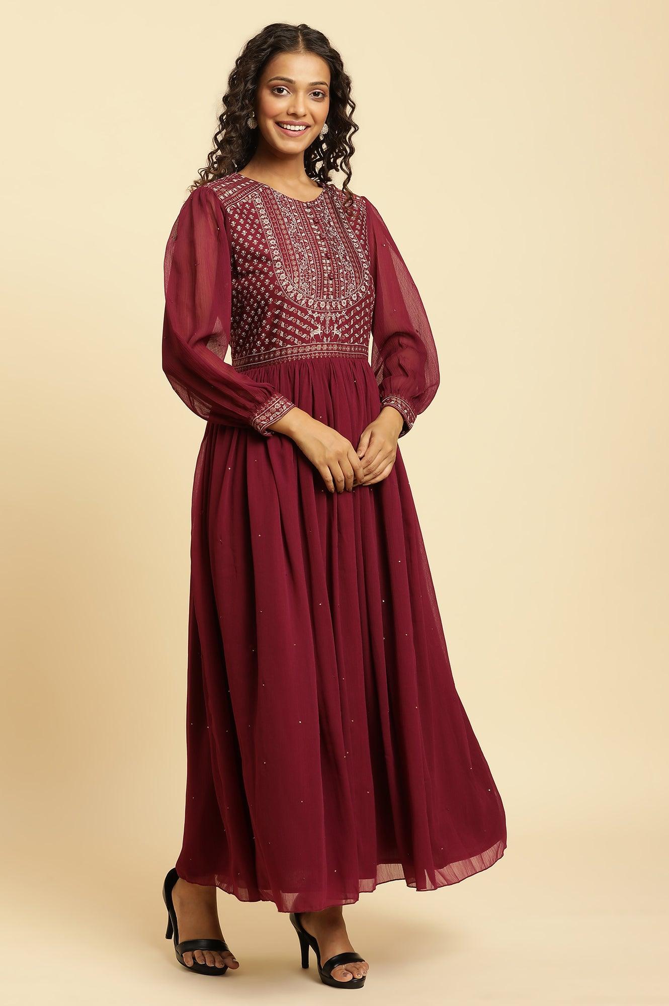W for Woman Wine Heavily Embroidered Festive Dress  Grab2Buy WforWoman Grab2Buy