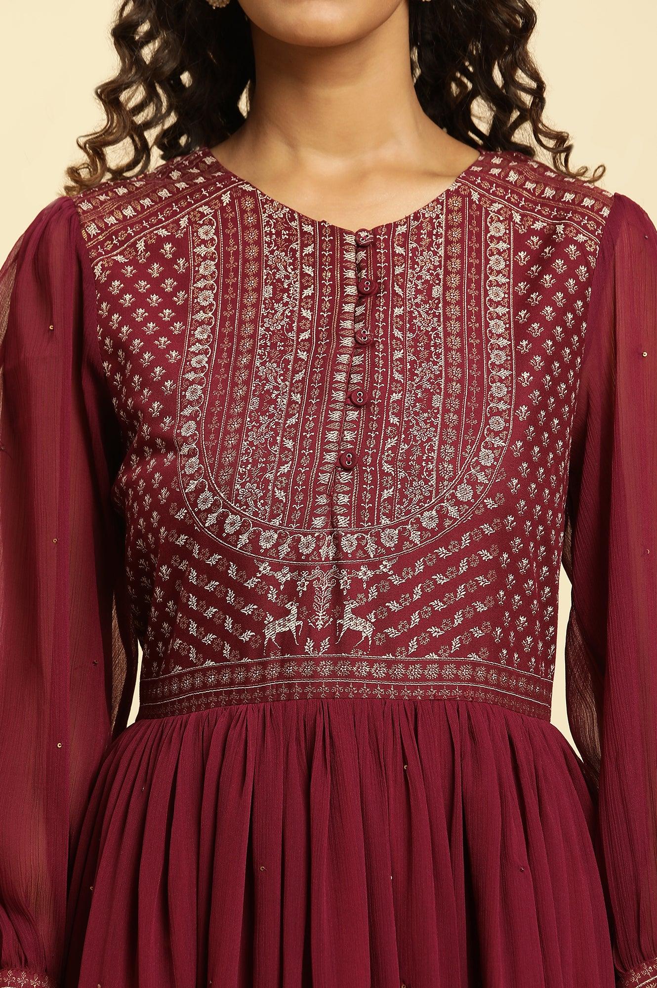 W for Woman Wine Heavily Embroidered Festive Dress  Grab2Buy WforWoman Grab2Buy