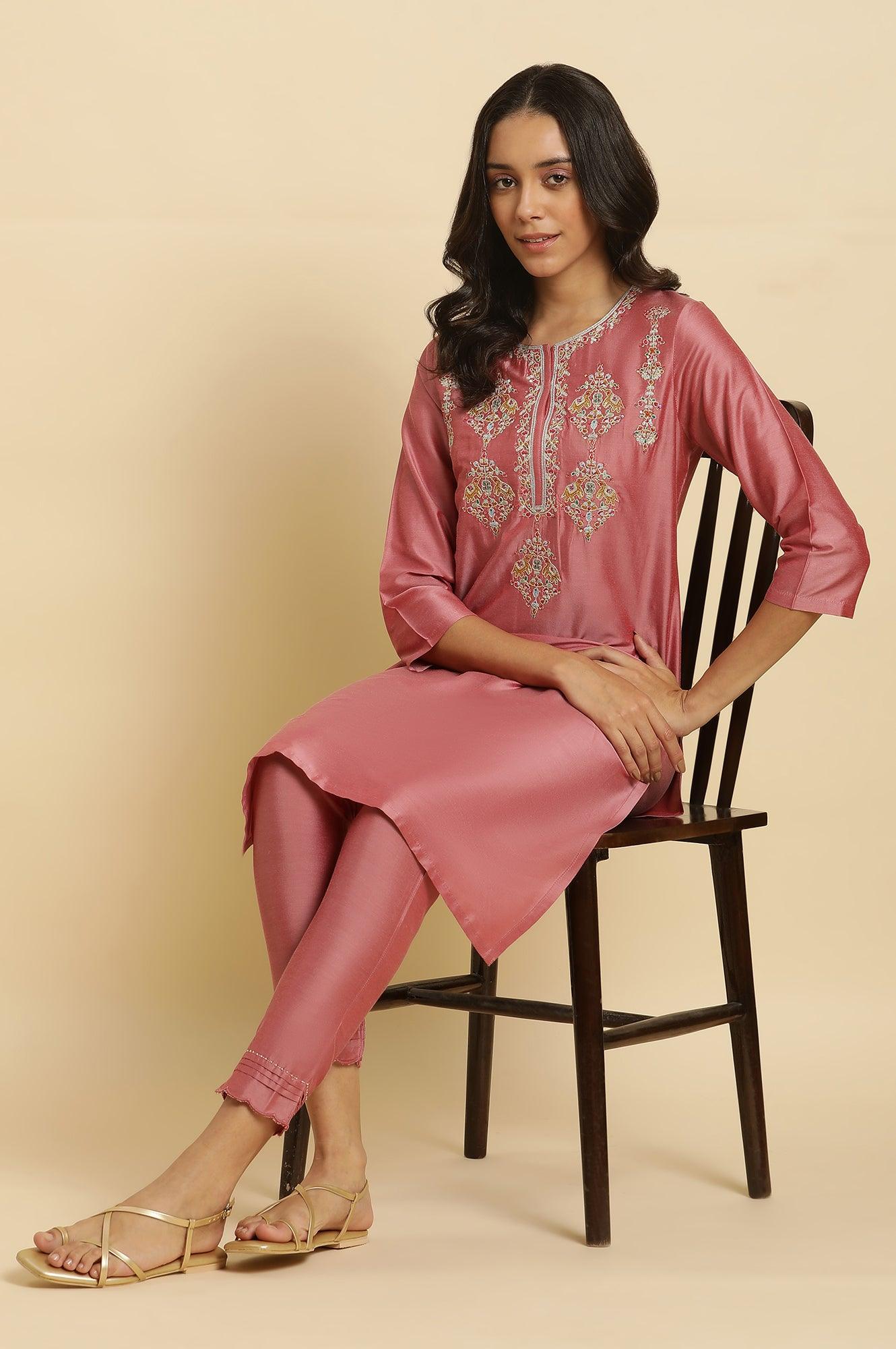 W for Woman Pink Embroidered Relaxed Fit Kurta