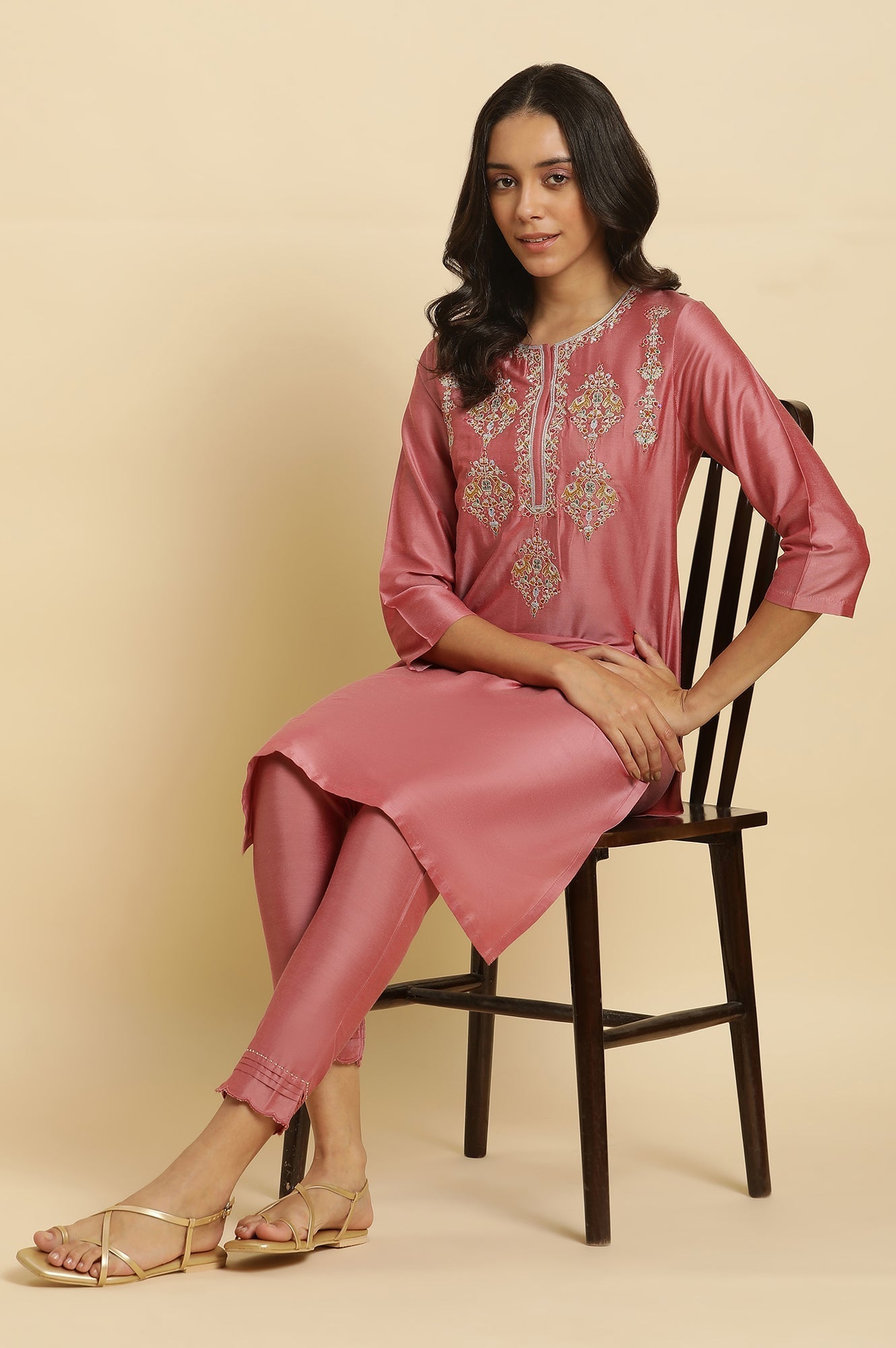 W for Woman Pink Embroidered Relaxed Fit Kurta