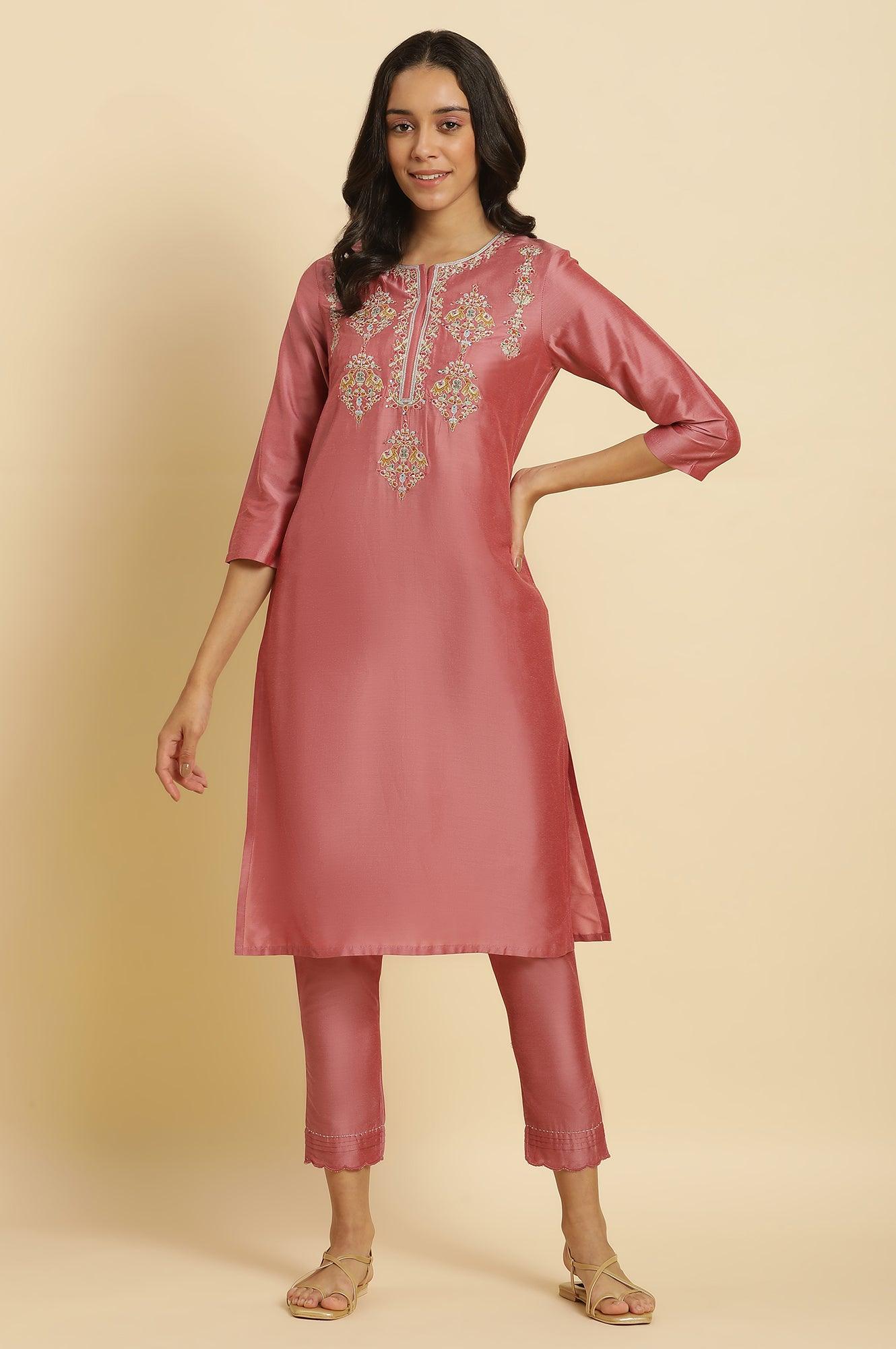 W for Woman Pink Embroidered Relaxed Fit Kurta