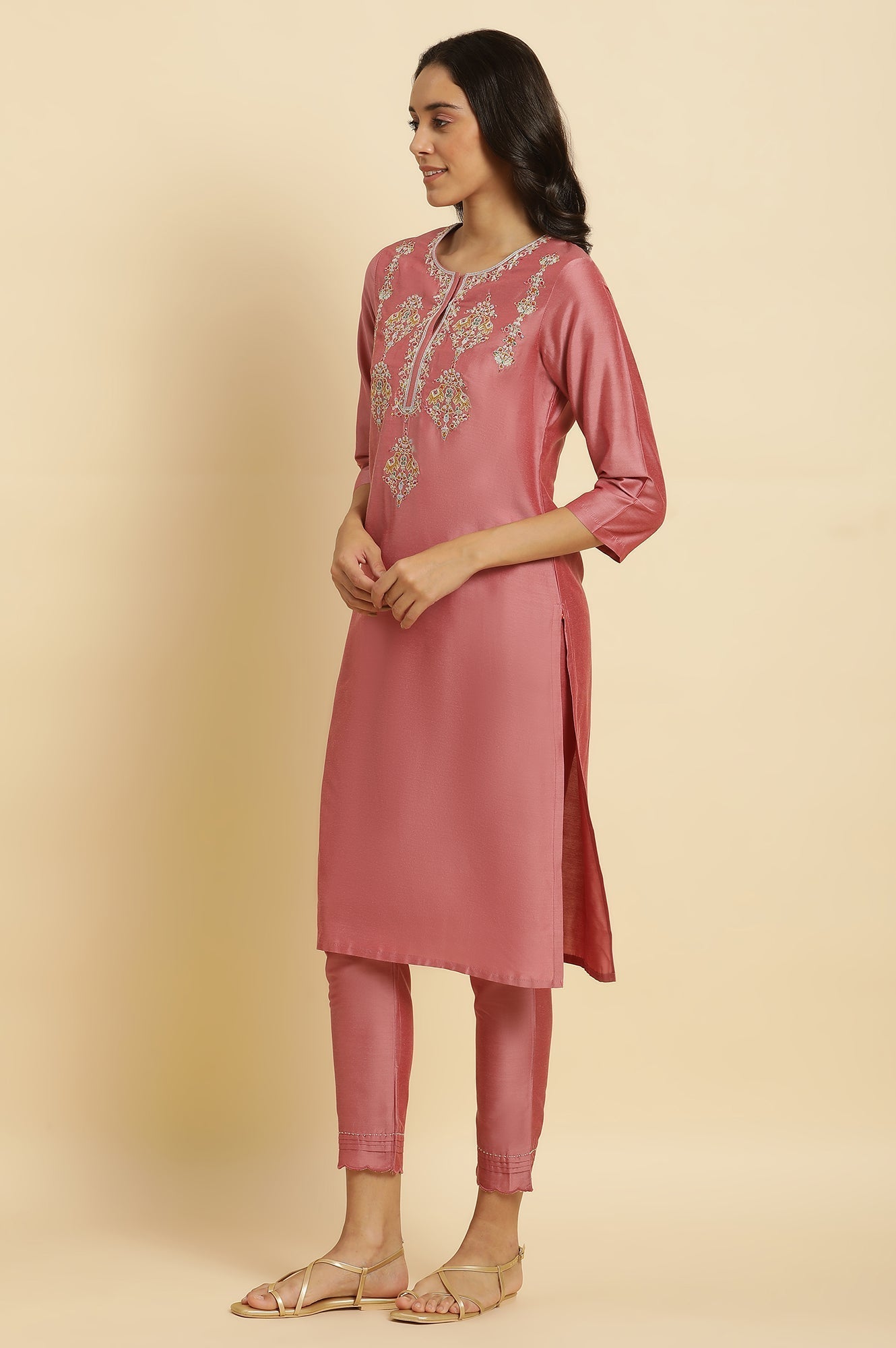 W for Woman Pink Embroidered Relaxed Fit Kurta