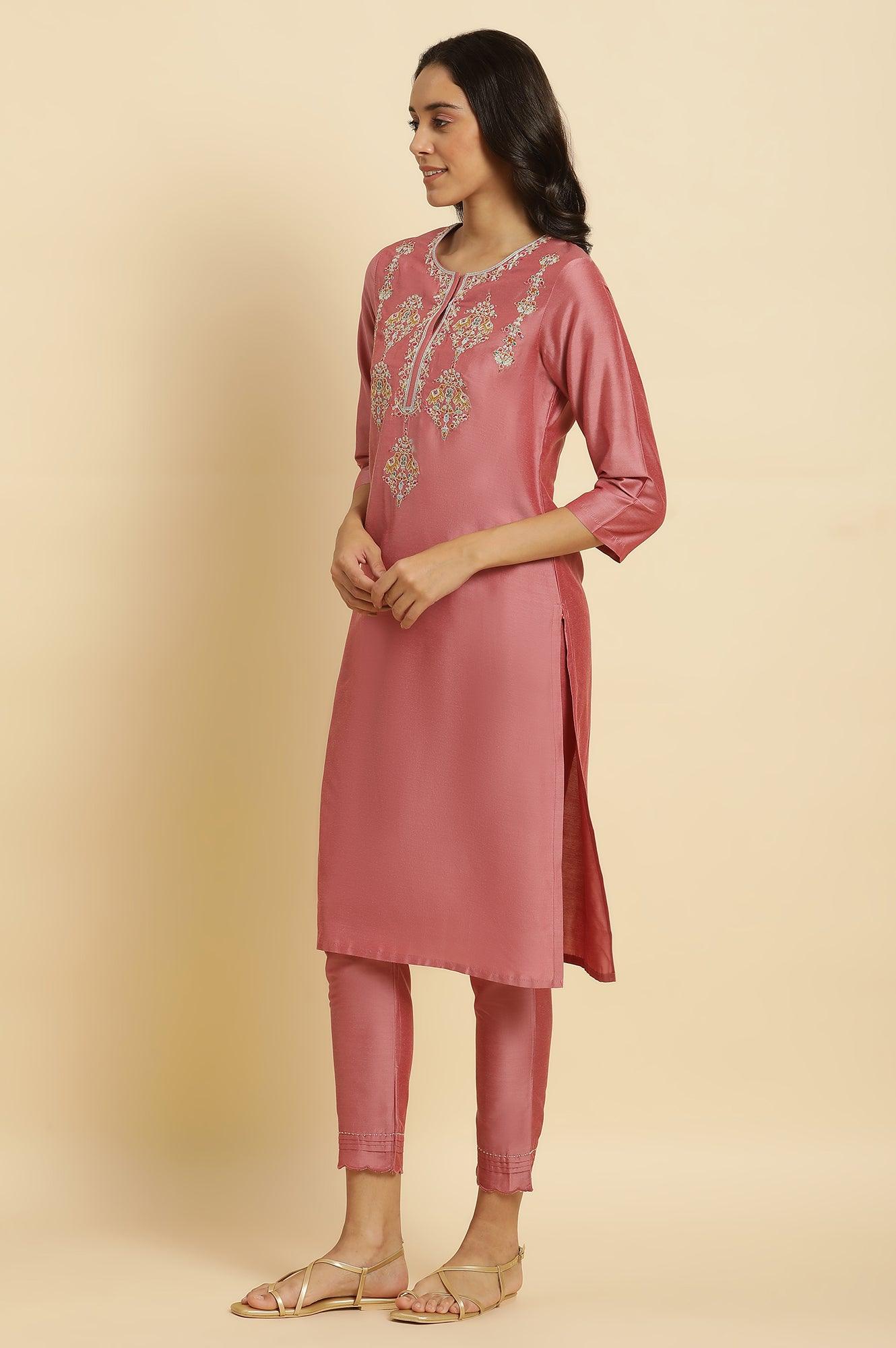 W for Woman Pink Embroidered Relaxed Fit Kurta