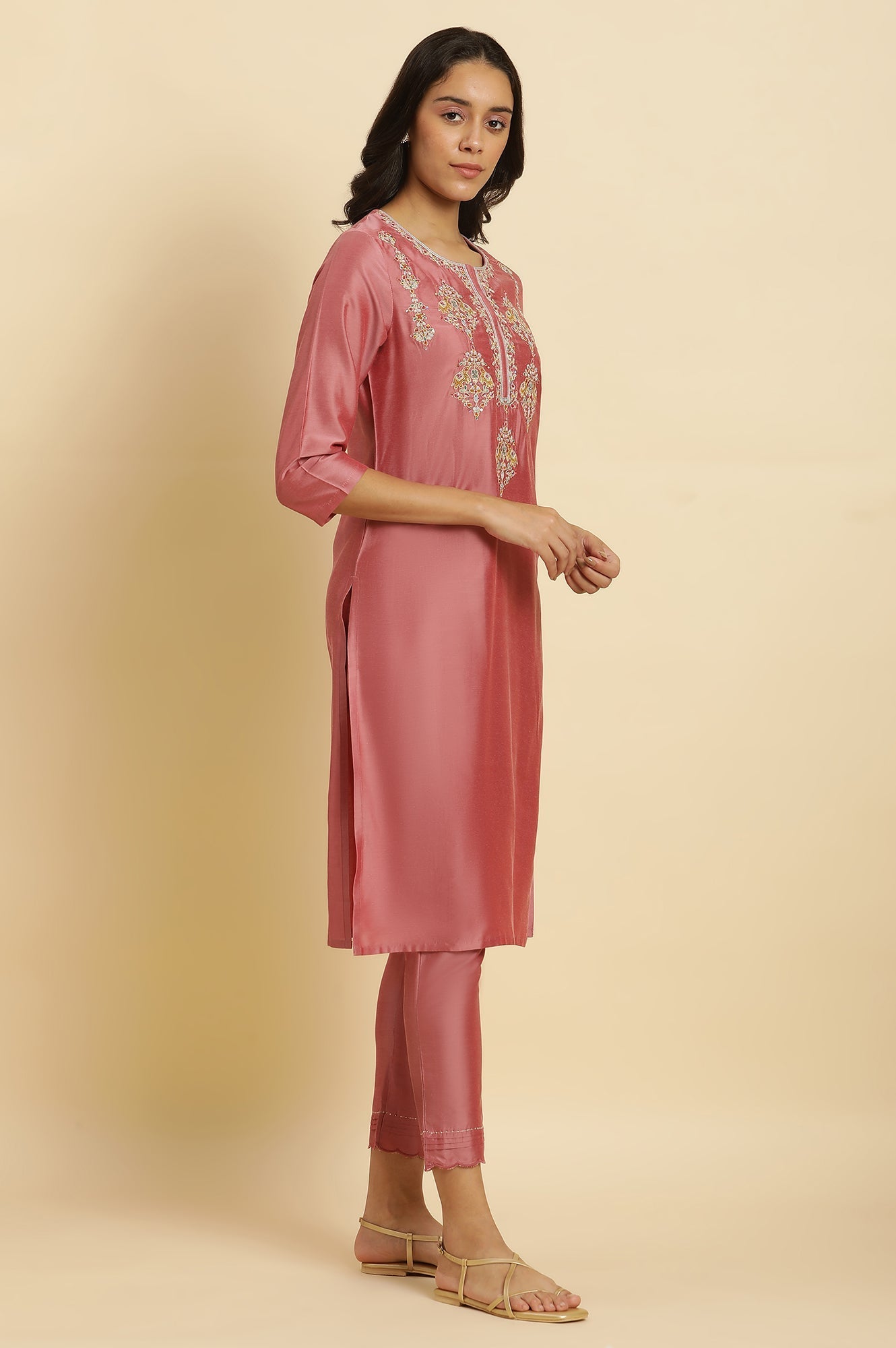 W for Woman Pink Embroidered Relaxed Fit Kurta