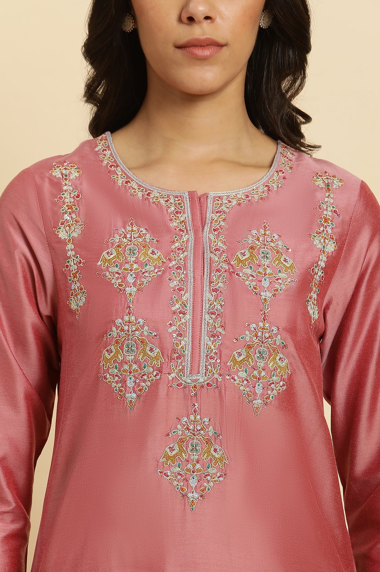 W for Woman Pink Embroidered Relaxed Fit Kurta