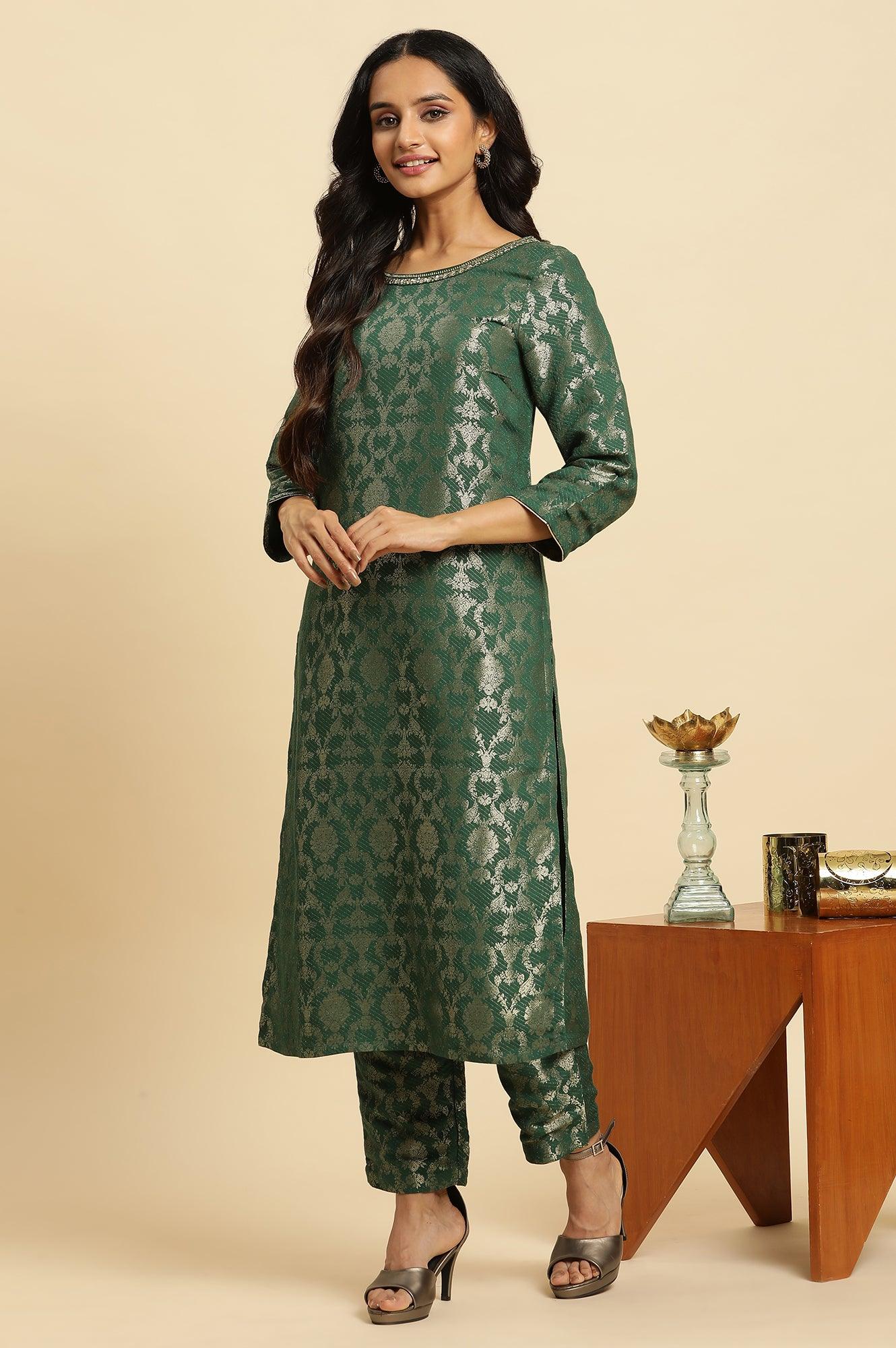 W for Woman Green Rayon Jacquard Festive Kurta