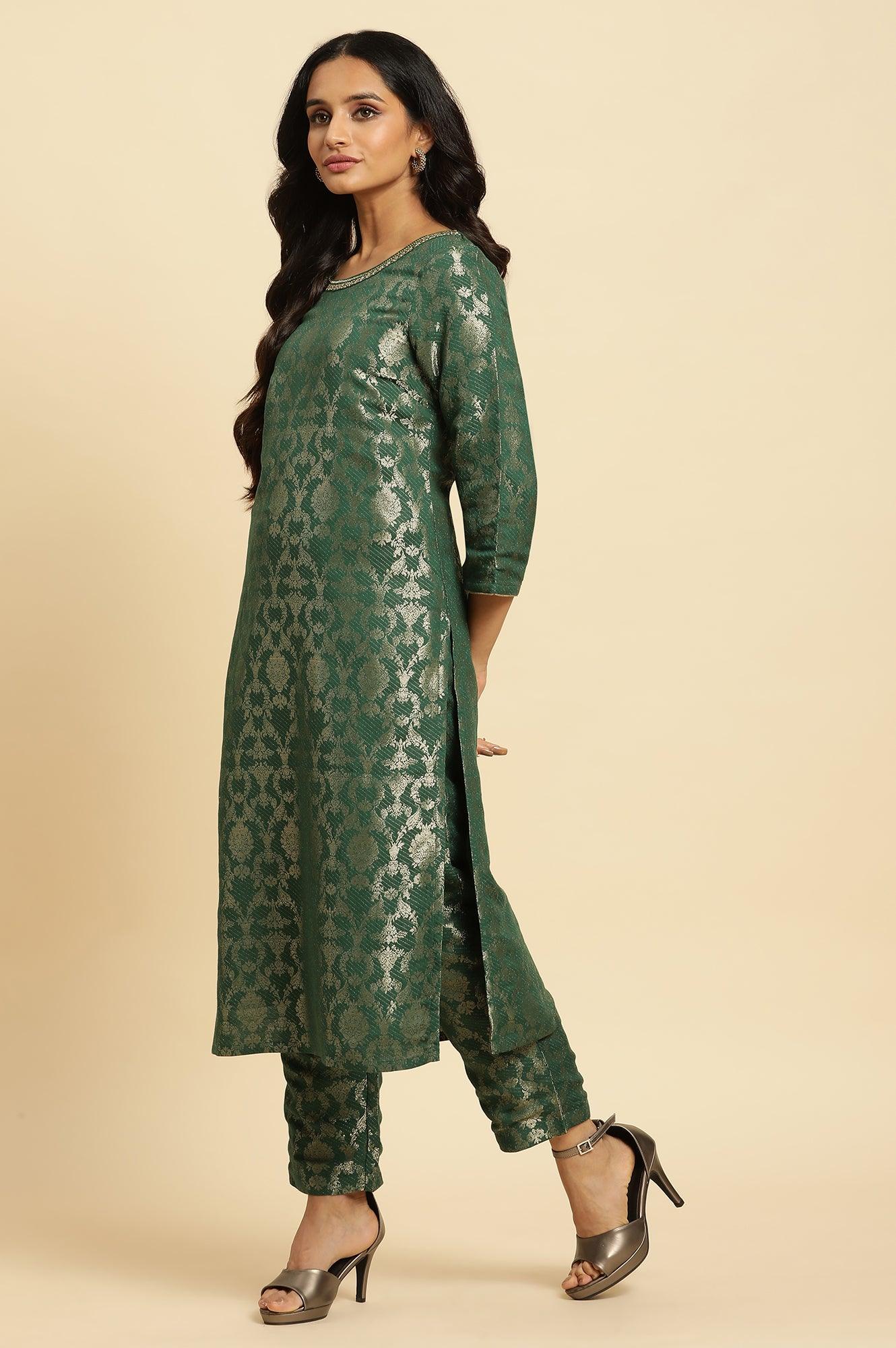 W for Woman Green Rayon Jacquard Festive Kurta