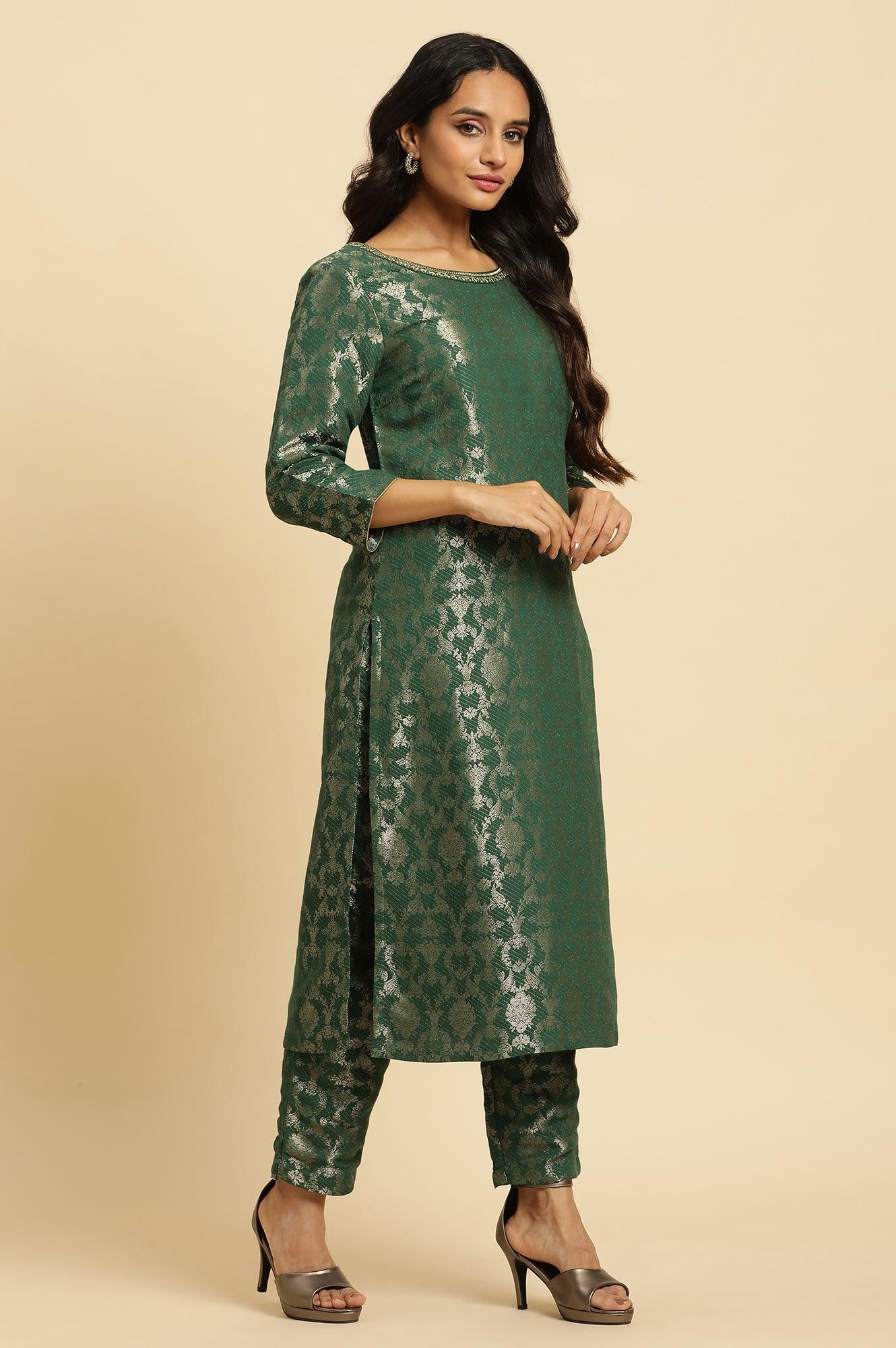 W for Woman Green Rayon Jacquard Festive Kurta