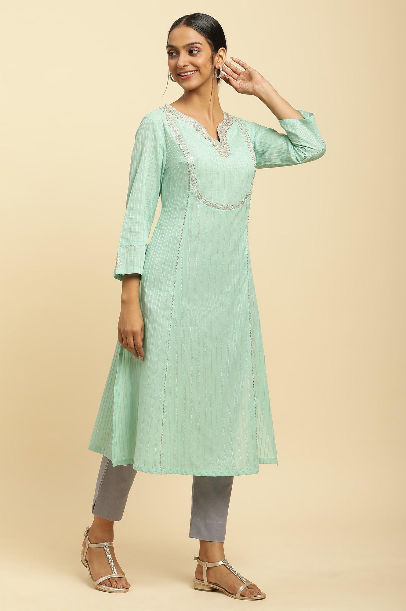 W for Woman Mint Blue Embroidered Heavy Festive Kurta