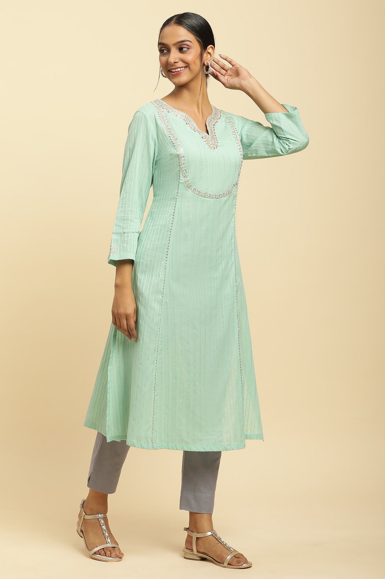 W for Woman Mint Blue Embroidered Heavy Festive Kurta