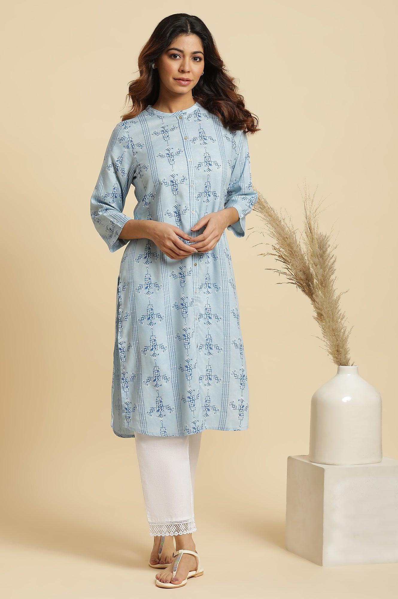 W for Woman Blue Geometric Printed Shirt Kurta