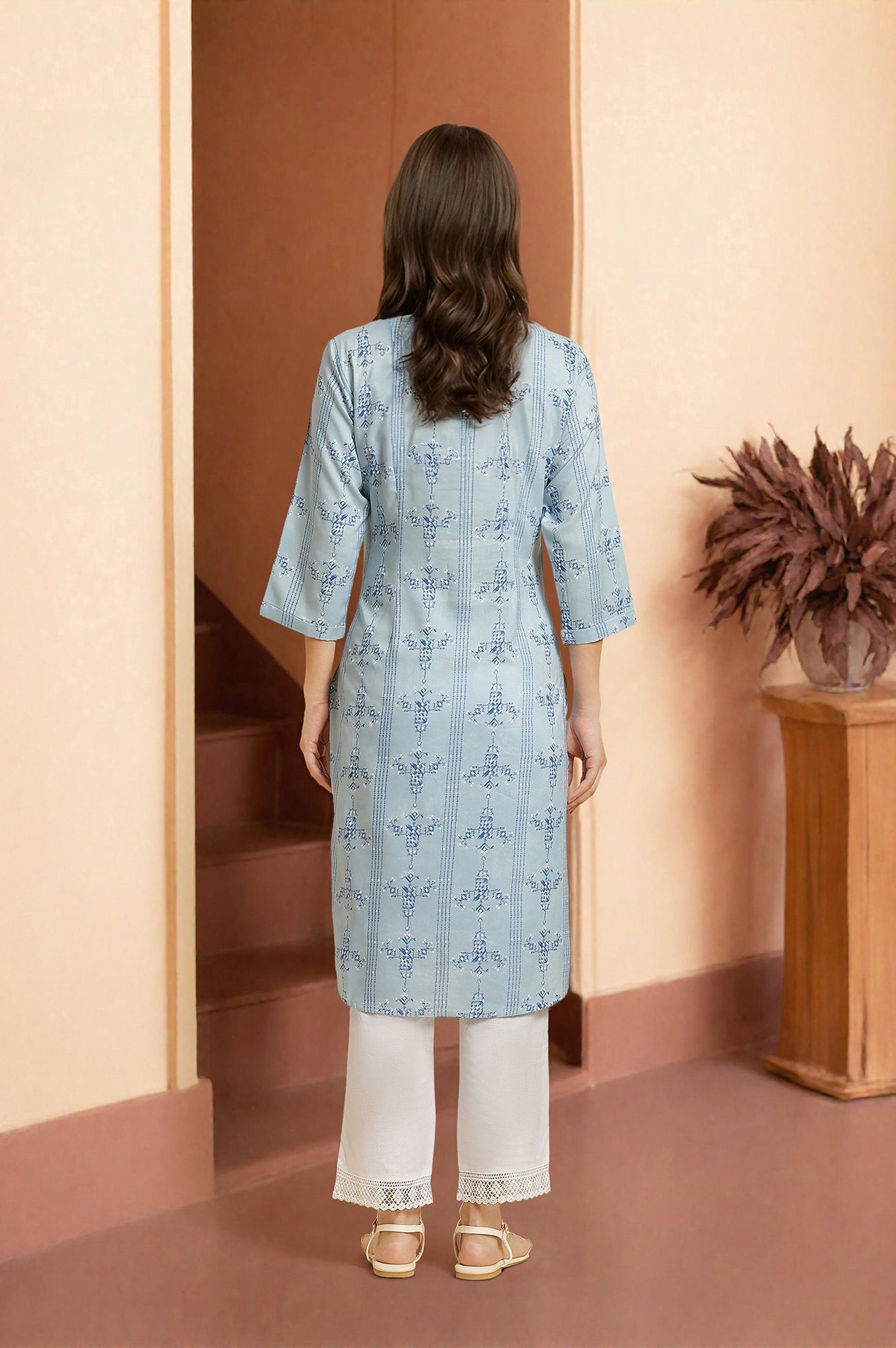 W for Woman Blue Geometric Printed Shirt Kurta