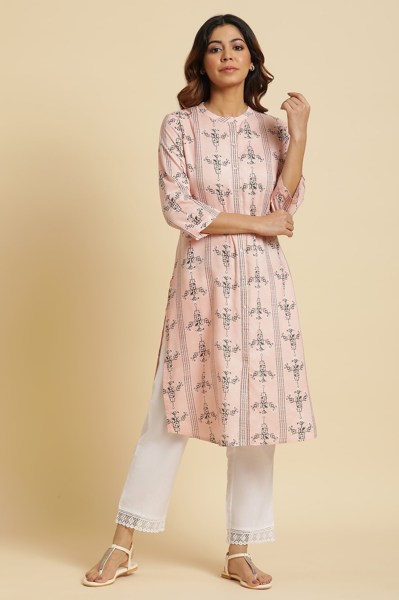 W for Woman Pink Geometric Print Shirt Kurta