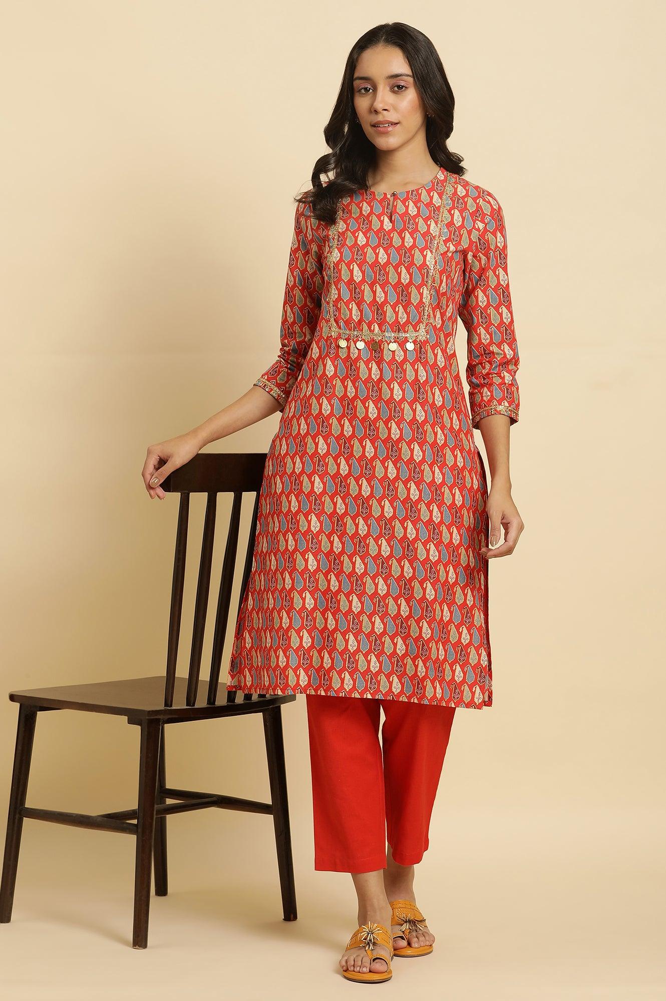 W for Woman Orange Chunki Dori Embroidered Straight Kurta